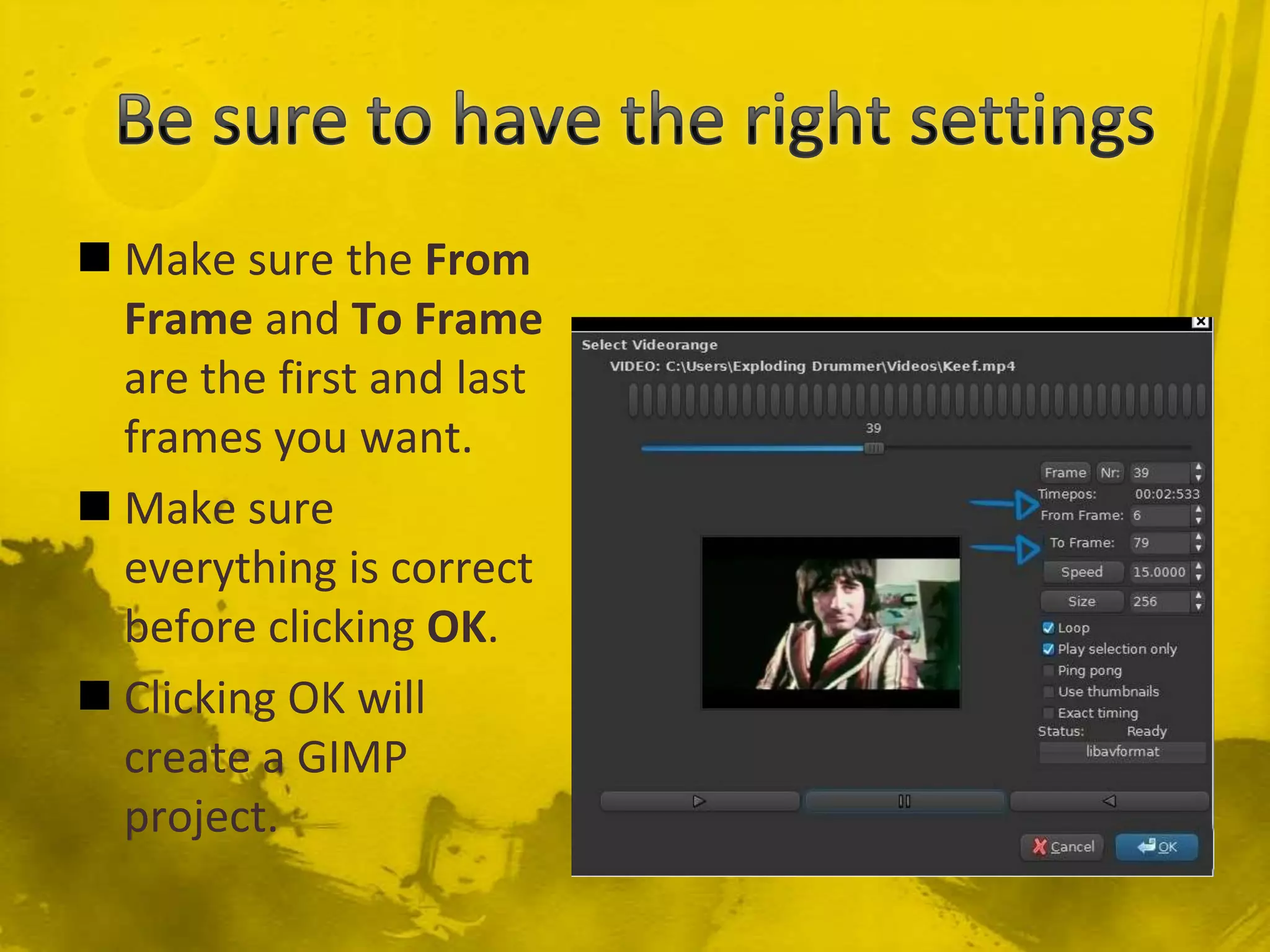 Be sure to have the right settingsMake sure the From Frame and To Frame are the first and last frames you want.Make sure everything is correct before clicking OK.Clicking OK will create a GIMP project.