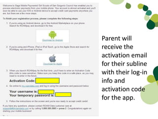 Parent will
receive the
activation email
for their subline
with their log-in
info and
activation code
for the app.
 