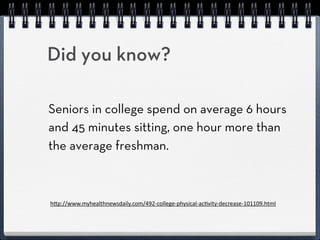 Did you know?

Seniors in college spend on average 6 hours
and 45 minutes sitting, one hour more than
the average freshman.



h"p://www.myhealthnewsdaily.com/492-­‐college-­‐physical-­‐acEvity-­‐decrease-­‐101109.html
 