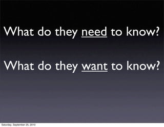 What do they need to know?

 What do they want to know?



Saturday, September 25, 2010
 