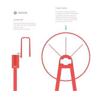 Fasten the ribs
                                      Once the 3 ribs are in position,
 1.1   PROTECTION                     we grab the Rib Frame and insert
                                      its grooves into the 3 ribs slots.
                                      Make sure that the Connectors
Inserting ribs                        of the Rib Frame, are facing the
                                      back of the Motor Cover.
We will bring the support group,
and slide in the slots of the Motor
Cover the ribs.
We will insert 3 ribs ﬁrst.
 