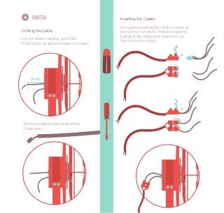 4    Switch                               Inserting the Cables
                                           We unscrew partially two of the screws at
Cutting the Cable                          the Connection block. Then we bring the
                                           Cables of the Motor and insert them on
Cut the cables hanging out of the          the Connection block.
Motor Cover, to approximately 5 cm each.


                                                                              a




     5 cm




                                                                              b


 Strip the Cable to see the tip of the
 Cable core.
 