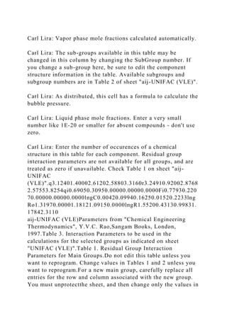 Carl Lira: Vapor phase mole fractions calculated automatically.
Carl Lira: The sub-groups available in this table may be
changed in this column by changing the SubGroup number. If
you change a sub-group here, be sure to edit the component
structure information in the table. Available subgroups and
subgroup numbers are in Table 2 of sheet "aij-UNIFAC (VLE)".
Carl Lira: As distributed, this cell has a formula to calculate the
bubble pressure.
Carl Lira: Liquid phase mole fractions. Enter a very small
number like 1E-20 or smaller for absent compounds - don't use
zero.
Carl Lira: Enter the number of occurences of a chemical
structure in this table for each component. Residual group
interaction parameters are not available for all groups, and are
treated as zero if unavailable. Check Table 1 on sheet "aij-
UNIFAC
(VLE)".q3.12401.40002.61202.58803.3160r3.24910.92002.8768
2.57553.8254qi0.69050.30950.00000.00000.0000Fi0.77930.220
70.00000.00000.0000lngC0.00420.09940.16250.01520.2233lng
Ro1.31970.00001.18121.09150.0000lngR1.55200.43130.99831.
17842.3110
aij-UNIFAC (VLE)Parameters from "Chemical Engineering
Thermodynamics", Y.V.C. Rao,Sangam Books, London,
1997.Table 3. Interaction Parameters to be used in the
calculations for the selected groups as indicated on sheet
"UNIFAC (VLE)".Table 1. Residual Group Interaction
Parameters for Main Groups.Do not edit this table unless you
want to reprogram. Change values in Tables 1 and 2 unless you
want to reprogram.For a new main group, carefully replace all
entries for the row and column associated with the new group.
You must unprotectthe sheet, and then change only the values in
 