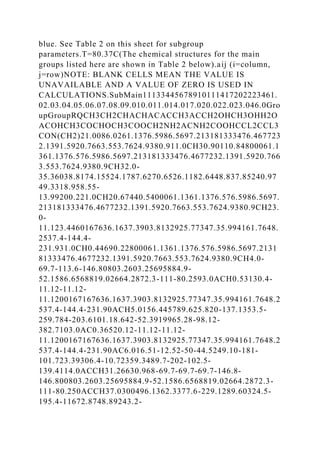 blue. See Table 2 on this sheet for subgroup
parameters.T=80.37C(The chemical structures for the main
groups listed here are shown in Table 2 below).aij (i=column,
j=row)NOTE: BLANK CELLS MEAN THE VALUE IS
UNAVAILABLE AND A VALUE OF ZERO IS USED IN
CALCULATIONS.SubMain11133445678910111417202223461.
02.03.04.05.06.07.08.09.010.011.014.017.020.022.023.046.0Gro
upGroupRQCH3CH2CHACHACACCH3ACCH2OHCH3OHH2O
ACOHCH3COCHOCH3COOCH2NH2ACNH2COOHCCL2CCL3
CON(CH2)21.0086.0261.1376.5986.5697.213181333476.467723
2.1391.5920.7663.553.7624.9380.911.0CH30.90110.84800061.1
361.1376.576.5986.5697.213181333476.4677232.1391.5920.766
3.553.7624.9380.9CH32.0-
35.36038.8174.15524.1787.6270.6526.1182.6448.837.85240.97
49.3318.958.55-
13.99200.221.0CH20.67440.5400061.1361.1376.576.5986.5697.
213181333476.4677232.1391.5920.7663.553.7624.9380.9CH23.
0-
11.123.4460167636.1637.3903.8132925.77347.35.994161.7648.
2537.4-144.4-
231.931.0CH0.44690.22800061.1361.1376.576.5986.5697.2131
81333476.4677232.1391.5920.7663.553.7624.9380.9CH4.0-
69.7-113.6-146.80803.2603.25695884.9-
52.1586.6568819.02664.2872.3-111-80.2593.0ACH0.53130.4-
11.12-11.12-
11.1200167167636.1637.3903.8132925.77347.35.994161.7648.2
537.4-144.4-231.90ACH5.0156.445789.625.820-137.1353.5-
259.784-203.6101.18.642-52.3919965.28-98.12-
382.7103.0AC0.36520.12-11.12-11.12-
11.1200167167636.1637.3903.8132925.77347.35.994161.7648.2
537.4-144.4-231.90AC6.016.51-12.52-50-44.5249.10-181-
101.723.39306.4-10.72359.3489.7-202-102.5-
139.4114.0ACCH31.26630.968-69.7-69.7-69.7-146.8-
146.800803.2603.25695884.9-52.1586.6568819.02664.2872.3-
111-80.250ACCH37.0300496.1362.3377.6-229.1289.60324.5-
195.4-11672.8748.89243.2-
 