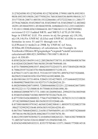 3127024590.93127024590.93127024590.37998110870.8933931
9030.89339319030.24577950254.76818368530.0699198410.317
351773810.28871140530.55322864461.0727222366111.288177
2579ACNH20.55452904710.55452904710.55452904712.083802
18291.05304439551.05304439550.169606421512.23511602851
7.91181119880.056318066610.10173063431112.0657095081
revisions12/12/11added NRTL and NRTL5 (CTL)3/30/18fix
bugs in UNIFAC LLE. Fix errors in aij for groups aij (18,10),
aij (18,14).Fix UNIFAC (LLEa) and UNIFAC (LLEb) to extend
formulas in rows 51 and 51 through row 41.
LLEWater(1)+mek(2) at 298K by UNIFAC (cf Arce,
JCEDat,40:226)Summary of calculations for Example in
Textbookx1DGmix/RTgwgmekgw*xwgmek*xmekCoexistence
calculation0.000.023.5499961170110871.00.01.0
@x1~0.350.05-
0.0585262631843911412.205286565738751.0158030640836784
0.61026432828693760.96501291087949440.10-
0.073170809828983557.8862555732243371.0517384542819028
0.78862555732243370.94656460885371250.15-
0.079417118711015915.753101557358791.0997637837520480.
86296523360381850.93479921618924080.20-
0.081901861537314954.5204513534279051.1571646445255261
0.90409027068558110.9257317156204210.25-
0.082054004240710993.72888446886323251.223446424473091
80.93222111721580810.91758481835481890.30-
0.080443209087971773.1801181268903461.2994255361803948
0.95403543806710380.90959787532627630.35-
0.077358534263080922.776637425900761.38702313131310830
.9718230990652660.90156503535352040.40-
0.07300106901979342.4656832482308411.48939753220023750
.98627329929233640.89363851932014250.45-
0.06756176068428032.2165813769560591.61135740574286660
.99746161963022650.88624657315857670.50-
0.0612593309783850272.0104943308265221.760143027890038
71.0052471654132610.88007151394501940.55-
0.054363498549103331.83537570546113571.946817750814518
 