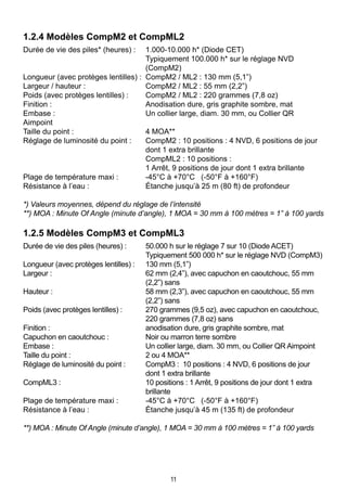 11
1.2.4 Modèles CompM2 et CompML2
Durée de vie des piles* (heures) :	 1.000-10.000 h* (Diode CET)
	 Typiquement 100.000 h* sur le réglage NVD 		
	 (CompM2)
Longueur (avec protèges lentilles) : 	CompM2 / ML2 : 130 mm (5,1”)
Largeur / hauteur :	 CompM2 / ML2 : 55 mm (2,2”)
Poids (avec protèges lentilles) :	 CompM2 / ML2 : 220 grammes (7,8 oz)
Finition :	 Anodisation dure, gris graphite sombre, mat
Embase :	 Un collier large, diam. 30 mm, ou Collier QR
Aimpoint
Taille du point :	 4 MOA**
Réglage de luminosité du point : 	 CompM2 : 10 positions : 4 NVD, 6 positions de jour 	
	 dont 1 extra brillante
	 CompML2 : 10 positions :
	 1 Arrêt, 9 positions de jour dont 1 extra brillante
Plage de température maxi : 	 -45°C à +70°C (-50°F à +160°F)
Résistance à l’eau :	Étanche jusqu’à 25 m (80 ft) de profondeur
*) Valeurs moyennes, dépend du réglage de l’intensité
**) MOA : Minute Of Angle (minute d’angle), 1 MOA = 30 mm à 100 mètres = 1” à 100 yards
1.2.5 Modèles CompM3 et CompML3
Durée de vie des piles (heures) :	 50.000 h sur le réglage 7 sur 10 (Diode ACET)
	 Typiquement 500 000 h* sur le réglage NVD (CompM3)
Longueur (avec protèges lentilles) :	 130 mm (5,1”)
Largeur :	 62 mm (2,4”), avec capuchon en caoutchouc, 55 mm 		
	 (2,2”) sans
Hauteur :	 58 mm (2,3”), avec capuchon en caoutchouc, 55 mm 		
	 (2,2”) sans		
Poids (avec protèges lentilles) : 	 270 grammes (9,5 oz), avec capuchon en caoutchouc,
	 220 grammes (7,8 oz) sans
Finition :	 anodisation dure, gris graphite sombre, mat
Capuchon en caoutchouc : 	 Noir ou marron terre sombre
Embase :	 Un collier large, diam. 30 mm, ou Collier QR Aimpoint
Taille du point :	 2 ou 4 MOA**	
Réglage de luminosité du point : 	 CompM3 :  10 positions : 4 NVD, 6 positions de jour 		
	 dont 1 extra brillante
CompML3 : 	 10 positions : 1 Arrêt, 9 positions de jour dont 1 extra 		
	 brillante
Plage de température maxi :	 -45°C à +70°C (-50°F à +160°F)
Résistance à l’eau :	Étanche jusqu’à 45 m (135 ft) de profondeur
**) MOA : Minute Of Angle (minute d’angle), 1 MOA = 30 mm à 100 mètres = 1” à 100 yards
 