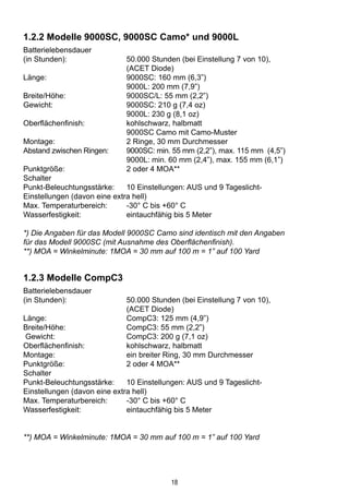 18
1.2.2 Modelle 9000SC, 9000SC Camo* und 9000L
Batterielebensdauer
(in Stunden):	 50.000 Stunden (bei Einstellung 7 von 10),
	 (ACET Diode)
Länge:	 9000SC: 160 mm (6,3”)
	 9000L: 200 mm (7,9”)	
Breite/Höhe:	 9000SC/L: 55 mm (2,2”)
Gewicht:	 9000SC: 210 g (7,4 oz)
	 9000L: 230 g (8,1 oz)
Oberflächenfinish:	 kohlschwarz, halbmatt
	 9000SC Camo mit Camo-Muster
Montage:	 2 Ringe, 30 mm Durchmesser
Abstand zwischen Ringen:	 9000SC: min. 55 mm (2,2”), max. 115 mm (4,5”)
	 9000L: min. 60 mm (2,4”), max. 155 mm (6,1”)
Punktgröße:	 2 oder 4 MOA**
Schalter
Punkt-Beleuchtungsstärke: 	 10 Einstellungen: AUS und 9 Tageslicht-			
Einstellungen (davon eine extra hell)
Max. Temperaturbereich: 	 -30° C bis +60° C
Wasserfestigkeit:	 eintauchfähig bis 5 Meter
*) Die Angaben für das Modell 9000SC Camo sind identisch mit den Angaben 	
für das Modell 9000SC (mit Ausnahme des Oberflächenfinish).
**) MOA = Winkelminute: 1MOA = 30 mm auf 100 m = 1” auf 100 Yard
1.2.3 Modelle CompC3
Batterielebensdauer
(in Stunden):	 50.000 Stunden (bei Einstellung 7 von 10),
	 (ACET Diode)
Länge:	 CompC3: 125 mm (4,9”)	
Breite/Höhe:	 CompC3: 55 mm (2,2”)
Gewicht:	 CompC3: 200 g (7,1 oz)	
Oberflächenfinish:	 kohlschwarz, halbmatt
Montage:	 ein breiter Ring, 30 mm Durchmesser
Punktgröße:	 2 oder 4 MOA**
Schalter
Punkt-Beleuchtungsstärke: 	 10 Einstellungen: AUS und 9 Tageslicht-			
Einstellungen (davon eine extra hell)
Max. Temperaturbereich: 	 -30° C bis +60° C
Wasserfestigkeit:	 eintauchfähig bis 5 Meter
	
**) MOA = Winkelminute: 1MOA = 30 mm auf 100 m = 1” auf 100 Yard
 