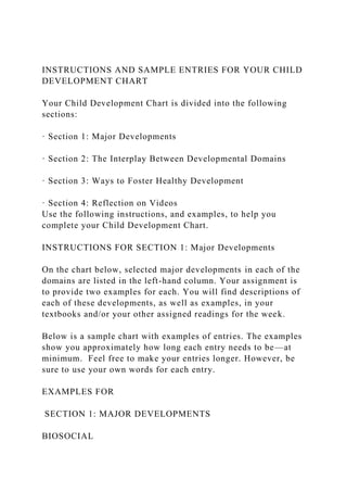 INSTRUCTIONS AND SAMPLE ENTRIES FOR YOUR CHILD
DEVELOPMENT CHART
Your Child Development Chart is divided into the following
sections:
· Section 1: Major Developments
· Section 2: The Interplay Between Developmental Domains
· Section 3: Ways to Foster Healthy Development
· Section 4: Reflection on Videos
Use the following instructions, and examples, to help you
complete your Child Development Chart.
INSTRUCTIONS FOR SECTION 1: Major Developments
On the chart below, selected major developments in each of the
domains are listed in the left-hand column. Your assignment is
to provide two examples for each. You will find descriptions of
each of these developments, as well as examples, in your
textbooks and/or your other assigned readings for the week.
Below is a sample chart with examples of entries. The examples
show you approximately how long each entry needs to be—at
minimum. Feel free to make your entries longer. However, be
sure to use your own words for each entry.
EXAMPLES FOR
SECTION 1: MAJOR DEVELOPMENTS
BIOSOCIAL
 