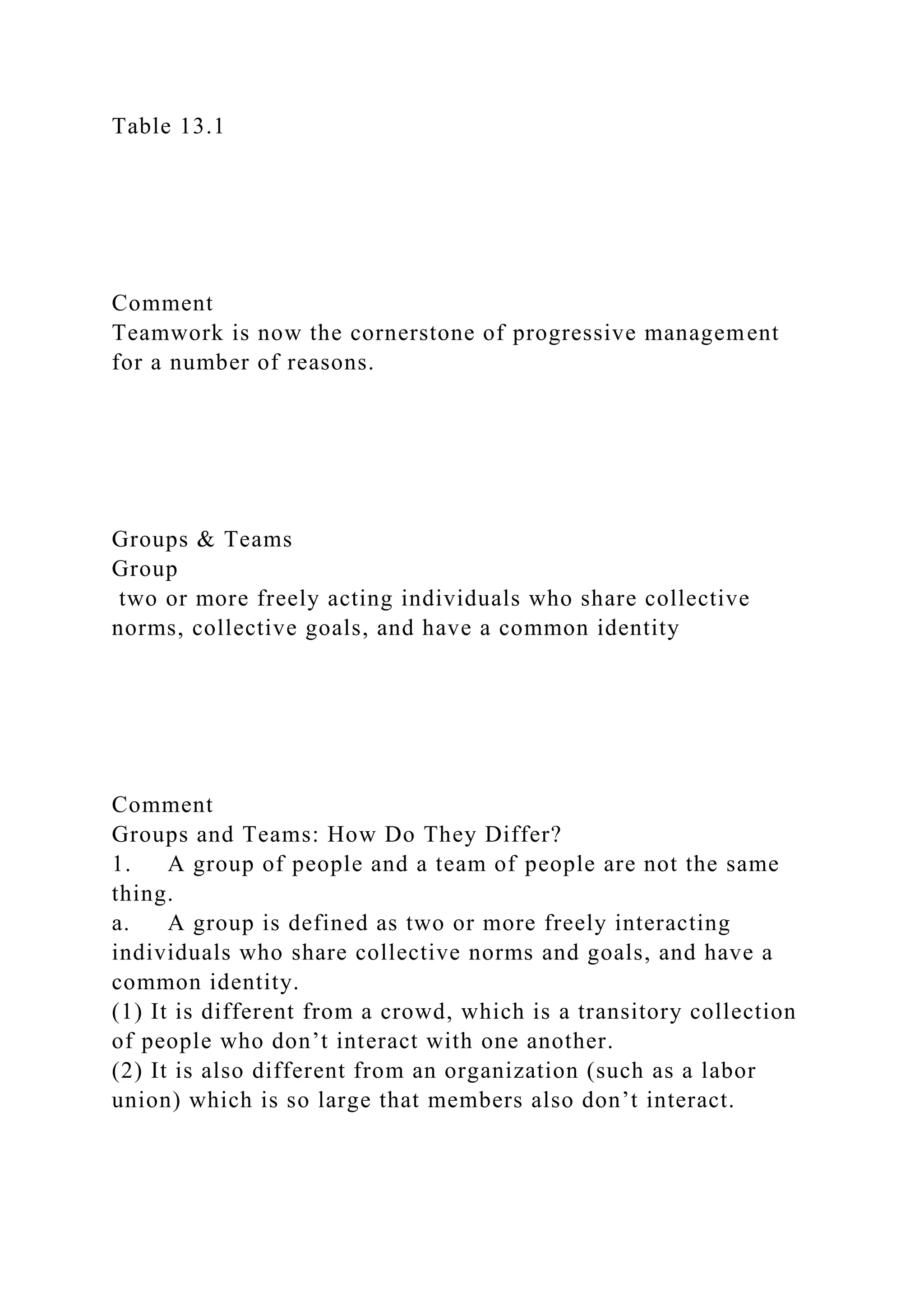 Table 13.1
Comment
Teamwork is now the cornerstone of progressive management
for a number of reasons.
Groups & Teams
Group
two or more freely acting individuals who share collective
norms, collective goals, and have a common identity
Comment
Groups and Teams: How Do They Differ?
1. A group of people and a team of people are not the same
thing.
a. A group is defined as two or more freely interacting
individuals who share collective norms and goals, and have a
common identity.
(1) It is different from a crowd, which is a transitory collection
of people who don’t interact with one another.
(2) It is also different from an organization (such as a labor
union) which is so large that members also don’t interact.
 