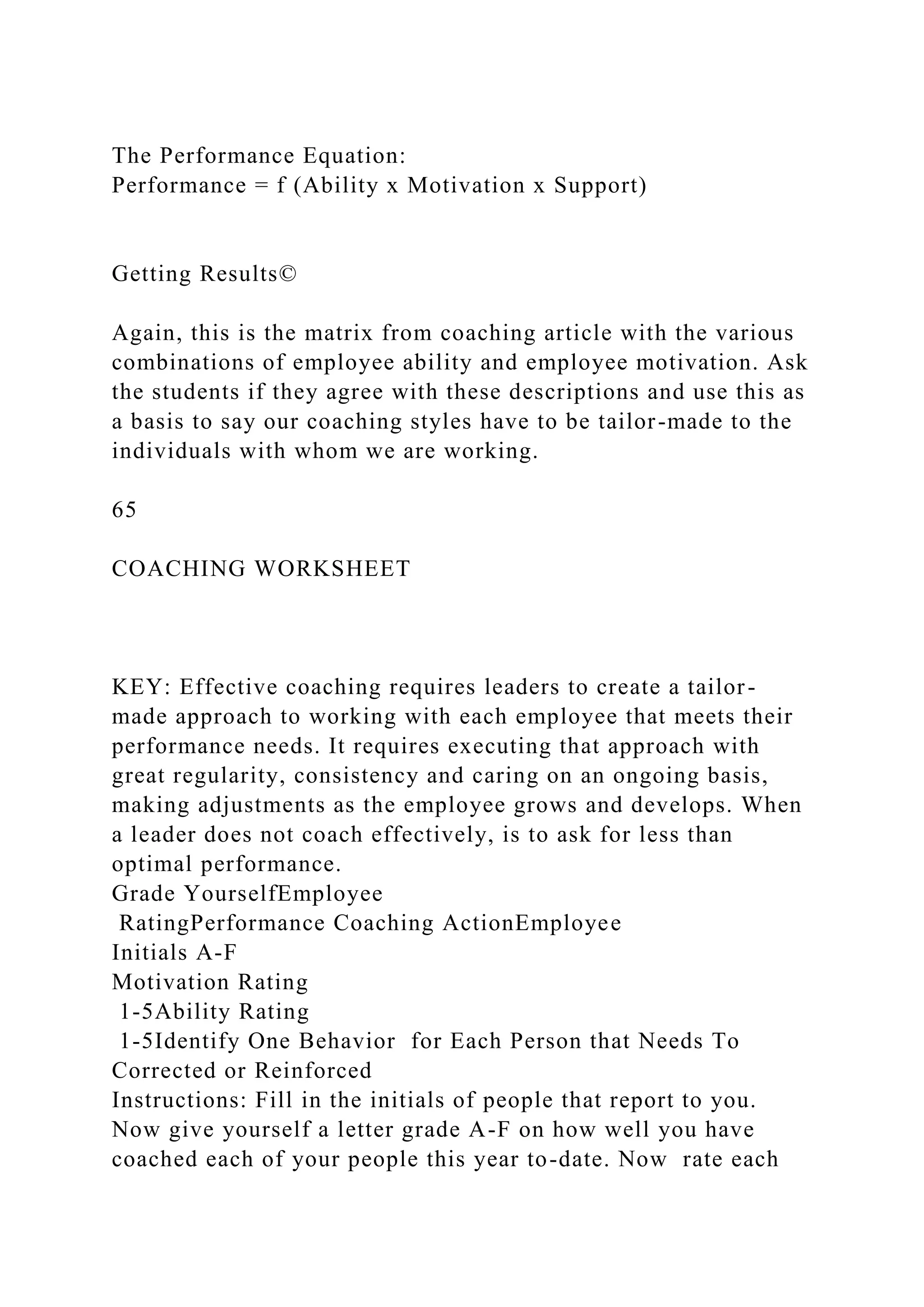 The Performance Equation:
Performance = f (Ability x Motivation x Support)
Getting Results©
Again, this is the matrix from coaching article with the various
combinations of employee ability and employee motivation. Ask
the students if they agree with these descriptions and use this as
a basis to say our coaching styles have to be tailor-made to the
individuals with whom we are working.
65
COACHING WORKSHEET
KEY: Effective coaching requires leaders to create a tailor-
made approach to working with each employee that meets their
performance needs. It requires executing that approach with
great regularity, consistency and caring on an ongoing basis,
making adjustments as the employee grows and develops. When
a leader does not coach effectively, is to ask for less than
optimal performance.
Grade YourselfEmployee
RatingPerformance Coaching ActionEmployee
Initials A-F
Motivation Rating
1-5Ability Rating
1-5Identify One Behavior for Each Person that Needs To
Corrected or Reinforced
Instructions: Fill in the initials of people that report to you.
Now give yourself a letter grade A-F on how well you have
coached each of your people this year to-date. Now rate each
 