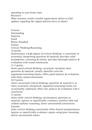 operating in your home state.
Resource:
What resource would a health organization utilize to find
updates regarding the impact policies have on them?
Criteria
Outstanding
Superior
Good
Below Standard
Failure
Critical Thinking/Reasoning
35 points
demonstrates a high degree of critical thinking, is consistent in
accurately interpreting questions & material; provides solid
assumptions, reasoning & claims; provides thorough analysis &
evaluation with sound conclusions
31.5 points
shows good critical thinking; accurately interprets most
questions & material; usually identifies relevant
arguments/reasoning/claims; offers good analysis & evaluation
with fairly sound conclusions
24.5 points
shows occasional critical thinking; questions & material is at
times accurately interpreted; arguments/reasoning/claims are
occasionally explained; offers fair analysis & evaluation with a
conclusion
21 points
shows little critical thinking, misinterprets questions or
material; ignores or superficially evaluates; justifies little and
seldom explains reasoning; draws unwarranted conclusions
0 points
lacks critical thinking consistently offers biased interpretations;
ignores or superficially evaluates; argues using poor reasoning,
and/or unwarranted claims
 