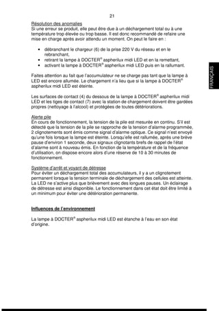 21 
Résolution des anomalies 
Si une erreur se produit, elle peut être due à un déchargement total ou à une 
température trop élevée ou trop basse. Il est donc recommandé de refaire une 
mise en charge après avoir attendu un moment. On peut le faire en : 
• débranchant le chargeur (6) de la prise 220 V du réseau et en le 
rebranchant, 
• retirant la lampe à DOCTERÒ aspherilux midi LED et en la remettant, 
• activant la lampe à DOCTERÒ aspherilux midi LED puis en la rallumant. 
Faites attention au fait que l’accumulateur ne se charge pas tant que la lampe à 
LED est encore allumée. Le chargement n’a lieu que si la lampe à DOCTERÒ 
aspherilux midi LED est éteinte. 
Les surfaces de contact (4) du dessous de la lampe à DOCTERÒ aspherilux midi 
LED et les tiges de contact (7) avec la station de chargement doivent être gardées 
propres (nettoyage à l’alcool) et protégées de toutes détériorations. 
Alerte pile 
En cours de fonctionnement, la tension de la pile est mesurée en continu. S’il est 
détecté que la tension de la pile se rapproche de la tension d’alarme programmée, 
2 clignotements sont émis comme signal d’alarme optique. Ce signal n’est envoyé 
qu’une fois lorsque la lampe est éteinte. Lorsqu’elle est rallumée, après une brève 
pause d’environ 1 seconde, deux signaux clignotants brefs de rappel de l’état 
d’alarme sont à nouveau émis. En fonction de la température et de la fréquence 
d’utilisation, on dispose encore alors d’une réserve de 10 à 30 minutes de 
fonctionnement. 
Système d’arrêt et voyant de détresse 
Pour éviter un déchargement total des accumulateurs, il y a un clignotement 
permanent lorsque la tension terminale de déchargement des cellules est atteinte. 
La LED ne s’active plus que brièvement avec des longues pauses. Un éclairage 
de détresse est ainsi disponible. Le fonctionnement dans cet état doit être limité à 
un minimum pour éviter une détérioration permanente. 
Influences de l’environnement 
La lampe à DOCTERÒ aspherilux midi LED est étanche à l’eau en son état 
d’origine. 
FRANÇAIS 
 