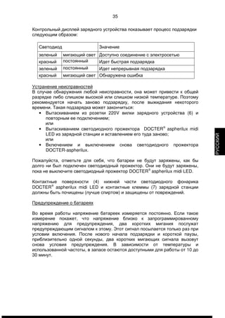 35 
Контрольный дисплей зарядного устройства показывает процесс подзарядки 
следующим образом: 
Светодиод Значение 
зеленый мигающий свет Доступно соединение с электросетью 
красный постоянный 
свет 
Идет быстрая подзарядка 
зеленый постоянный 
свет 
Идет непрерывная подзарядка 
красный мигающий свет Обнаружена ошибка 
Устранение неисправностей 
В случае обнаружения любой неисправности, она может привести к общей 
разрядке либо слишком высокой или слишком низкой температуре. Поэтому 
рекомендуется начать заново подзарядку, после выжидания некоторого 
времени. Такая подзарядка может закончиться: 
• Вытаскиванием из розетки 220V вилки зарядного устройства (6) и 
повторным ее подключением; 
или 
• Вытаскиванием светодиодного прожектора DOCTERÒ aspherilux midi 
LED из зарядной станции и вставлением его туда заново; 
или 
• Включением и выключением снова светодиодного прожектора 
DOCTER-aspherilux. 
Пожалуйста, отметьте для себя, что батареи не будут заряжены, как бы 
долго ни был подключен светодиодный прожектор. Они не будут заряжены, 
пока не выключите светодиодный прожектор DOCTERÒ aspherilux midi LED. 
Контактные поверхности (4) нижней части светодиодного фонарика 
DOCTERÒ aspherilux midi LED и контактные клеммы (7) зарядной станции 
должны быть почищены (лучше спиртом) и защищены от повреждений. 
Предупреждение о батареях 
Во время работы напряжение батареек измеряется постоянно. Если такое 
измерение покажет, что напряжение близко к запрограммированному 
напряжению для предупреждения, два коротких мигания послужат 
предупреждающим сигналом к этому. Этот сигнал посылается только раз при 
условии включения. После нового начала подзарядки и короткой паузы, 
приблизительно одной секунды, два коротких мигающих сигнала вызовут 
снова условия предупреждения. В зависимости от температуры и 
использованной частоты, в запасе остаются доступными для работы от 10 до 
30 минут. 
РУССКИЙ 
 