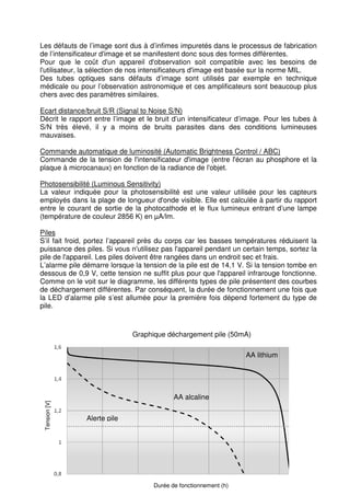 Les défauts de l’image sont dus à d’infimes impuretés dans le processus de fabrication 
de l’intensificateur d'image et se manifestent donc sous des formes différentes. 
Pour que le coût d'un appareil d'observation soit compatible avec les besoins de 
l'utilisateur, la sélection de nos intensificateurs d'image est basée sur la norme MIL. 
Des tubes optiques sans défauts d’image sont utilisés par exemple en technique 
médicale ou pour l’observation astronomique et ces amplificateurs sont beaucoup plus 
chers avec des paramètres similaires. 
Ecart distance/bruit S/R (Signal to Noise S/N) 
Décrit le rapport entre l’image et le bruit d’un intensificateur d’image. Pour les tubes à 
S/N très élevé, il y a moins de bruits parasites dans des conditions lumineuses 
mauvaises. 
Commande automatique de luminosité (Automatic Brightness Control / ABC) 
Commande de la tension de l'intensificateur d'image (entre l'écran au phosphore et la 
plaque à microcanaux) en fonction de la radiance de l'objet. 
Photosensibilité (Luminous Sensitivity) 
La valeur indiquée pour la photosensibilité est une valeur utilisée pour les capteurs 
employés dans la plage de longueur d'onde visible. Elle est calculée à partir du rapport 
entre le courant de sortie de la photocathode et le flux lumineux entrant d’une lampe 
(température de couleur 2856 K) en μA/lm. 
Piles 
S’il fait froid, portez l’appareil près du corps car les basses températures réduisent la 
puissance des piles. Si vous n'utilisez pas l'appareil pendant un certain temps, sortez la 
pile de l'appareil. Les piles doivent être rangées dans un endroit sec et frais. 
L’alarme pile démarre lorsque la tension de la pile est de 14,1 V. Si la tension tombe en 
dessous de 0,9 V, cette tension ne suffit plus pour que l'appareil infrarouge fonctionne. 
Comme on le voit sur le diagramme, les différents types de pile présentent des courbes 
de déchargement différentes. Par conséquent, la durée de fonctionnement une fois que 
la LED d’alarme pile s’est allumée pour la première fois dépend fortement du type de 
pile. 
Tension [V] 
AA lithium 
AA alcaline 
Durée de fonctionnement (h) 
Alerte pile 
Graphique déchargement pile (50mA) 
 