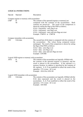 LOGICAL INSTRUCTIONS

Opcode    Operand                   Description

Compare register or memory with accumulator
CMP       R                        The contents of the operand (register or memory) are
          M                        compared with the contents of the accumulator. Both
                                   contents are preserved . The result of the comparison is
                                   shown by setting the flags of the PSW as follows:
                                   if (A) < (reg/mem): carry flag is set
                                   if (A) = (reg/mem): zero flag is set
                                   if (A) > (reg/mem): carry and zero flags are reset
                                   Example: CMP B or CMP M

Compare immediate with accumulator
CPI      8-bit data              The second byte (8-bit data) is compared with the contents of
                                 the accumulator. The values being compared remain
                                 unchanged. The result of the comparison is shown by setting
                                 the flags of the PSW as follows:
                                 if (A) < data: carry flag is set
                                 if (A) = data: zero flag is set
                                 if (A) > data: carry and zero flags are reset
                                 Example: CPI 89H

Logical AND register or memory with accumulator
ANA       R                       The contents of the accumulator are logically ANDed with
          M                       the contents of the operand (register or memory), and the
                                  result is placed in the accumulator. If the operand is a
                                  memory location, its address is specified by the contents of
                                  HL registers. S, Z, P are modified to reflect the result of the
                                  operation. CY is reset. AC is set.
                                  Example: ANA B or ANA M

Logical AND immediate with accumulator
ANI       8-bit data            The contents of the accumulator are logically ANDed with the
                                8-bit data (operand) and the result is placed in the
                                accumulator. S, Z, P are modified to reflect the result of the
                                operation. CY is reset. AC is set.
                                Example: ANI 86H




8085 Instruction Set                  Page 11
 