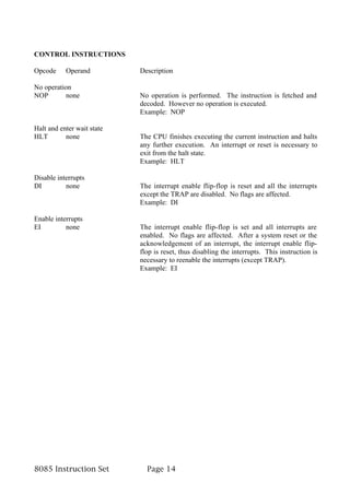 CONTROL INSTRUCTIONS

Opcode     Operand          Description

No operation
NOP       none              No operation is performed. The instruction is fetched and
                            decoded. However no operation is executed.
                            Example: NOP

Halt and enter wait state
HLT        none             The CPU finishes executing the current instruction and halts
                            any further execution. An interrupt or reset is necessary to
                            exit from the halt state.
                            Example: HLT

Disable interrupts
DI         none             The interrupt enable flip-flop is reset and all the interrupts
                            except the TRAP are disabled. No flags are affected.
                            Example: DI

Enable interrupts
EI         none             The interrupt enable flip-flop is set and all interrupts are
                            enabled. No flags are affected. After a system reset or the
                            acknowledgement of an interrupt, the interrupt enable flip-
                            flop is reset, thus disabling the interrupts. This instruction is
                            necessary to reenable the interrupts (except TRAP).
                            Example: EI




8085 Instruction Set          Page 14
 