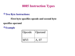 8085 Instruction Types
Two Byte Instructions:
First byte specifies opcode and second byte
specifies operand
Example
Opcode Operand
MVI A, 07
 