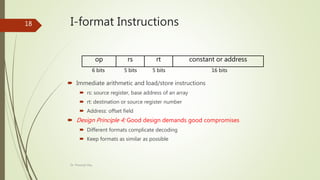 I-format Instructions
 Immediate arithmetic and load/store instructions
 rs: source register, base address of an array
 rt: destination or source register number
 Address: offset field
 Design Principle 4: Good design demands good compromises
 Different formats complicate decoding
 Keep formats as similar as possible
op rs rt constant or address
6 bits 5 bits 5 bits 16 bits
Dr. Prasenjit Dey
18
 