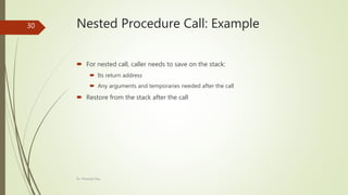 Nested Procedure Call: Example
 For nested call, caller needs to save on the stack:
 Its return address
 Any arguments and temporaries needed after the call
 Restore from the stack after the call
Dr. Prasenjit Dey
30
 