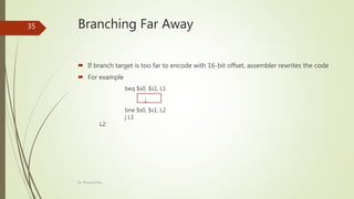 Branching Far Away
 If branch target is too far to encode with 16-bit offset, assembler rewrites the code
 For example
beq $s0, $s1, L1
↓
bne $s0, $s1, L2
j L1
L2:
Dr. Prasenjit Dey
35
 