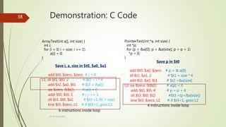 Demonstration: C Code
ArrayTest(int a[], int size) {
int i;
for (i = 0; i < size; i += 1)
a[i] = 0;
}
Save i, a, size in $t0, $a0, $a1
add $t0, $zero, $zero # i = 0
L1: sll $t1, $t0, 2 # $t1 = i * 4
add $t2, $a0, $t1 # $t2 = &a[i]
sw $zero, 0($t2) # a[i] = 0
addi $t0, $t0, 1 # i = i + 1
slt $t3, $t0, $a1 # $t3 =1 if(i < size)
bne $t3, $zero, L1 # if $t3=1, goto L1
PointerTest(int *a, int size) {
int *p;
for (p = &a[0]; p < &a[size]; p = p + 1)
*p = 0;
}
Save p in $t0
add $t0, $a0, $zero # p = & a[0]
sll $t1, $a1, 2 # $t1 = size * 4
add $t2, $a0, $t1 # $t2 =&a[size]
L2: sw $zero, 0($t2) # a[p] = 0
addi $t0, $t0, 4 # p = p + 4
slt $t3, $t0, $t2 #$t3 =(p<&a[size])
bne $t3, $zero, L2 # if $t3=1, goto L2
Dr. Prasenjit Dey
38
6 instructions inside loop
4 instructions inside loop
 