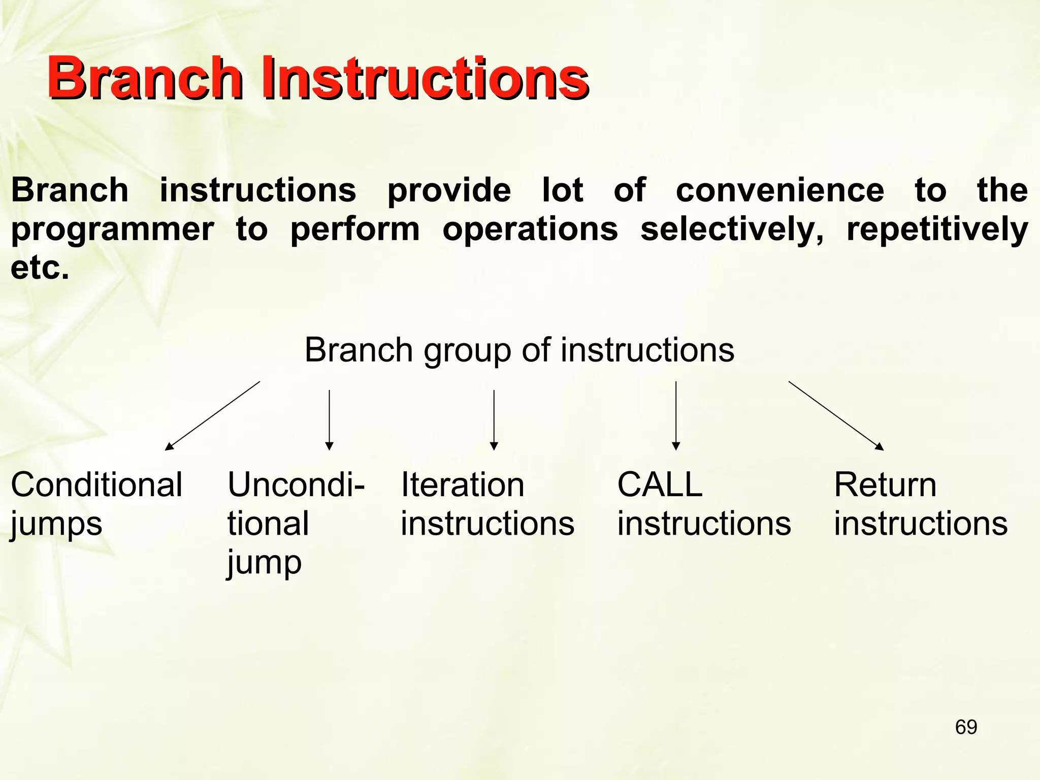 69
Branch InstructionsBranch Instructions
Branch instructions provide lot of convenience to the
programmer to perform operations selectively, repetitively
etc.
Branch group of instructions
Conditional
jumps
Uncondi-
tional
jump
Iteration
instructions
CALL
instructions
Return
instructions
 
