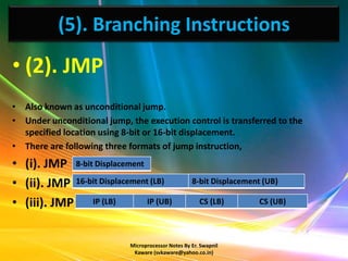 (5). Branching Instructions
• (2). JMP
• Also known as unconditional jump.
• Under unconditional jump, the execution control is transferred to the
  specified location using 8-bit or 16-bit displacement.
• There are following three formats of jump instruction,
• (i). JMP 8-bit Displacement
• (ii). JMP 16-bit Displacement (LB)                8-bit Displacement (UB)

• (iii). JMP IP (LB)           IP (UB)                 CS (LB)        CS (UB)



                            Microprocessor Notes By Er. Swapnil
                             Kaware (svkaware@yahoo.co.in)
 