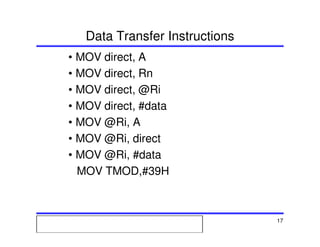 Msc. Ivan A. Escobar BroitmanMsc. Ivan A. Escobar BroitmanMsc. Ivan A. Escobar BroitmanMsc. Ivan A. Escobar BroitmanMicroprocessors 1 17
Data Transfer Instructions
• MOV direct, A
• MOV direct, Rn
• MOV direct, @Ri
• MOV direct, #data
• MOV @Ri, A
• MOV @Ri, direct
• MOV @Ri, #data
MOV TMOD,#39H
 