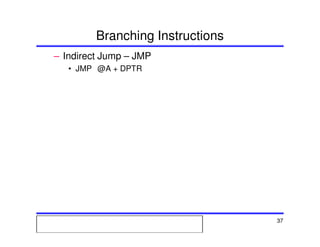 Msc. Ivan A. Escobar BroitmanMsc. Ivan A. Escobar BroitmanMsc. Ivan A. Escobar BroitmanMsc. Ivan A. Escobar BroitmanMicroprocessors 1 37
Branching Instructions
– Indirect Jump – JMP
• JMP @A + DPTR
 