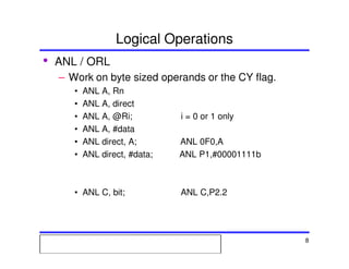 Msc. Ivan A. Escobar BroitmanMsc. Ivan A. Escobar BroitmanMsc. Ivan A. Escobar BroitmanMsc. Ivan A. Escobar BroitmanMicroprocessors 1 8
Logical Operations
• ANL / ORL
– Work on byte sized operands or the CY flag.
• ANL A, Rn
• ANL A, direct
• ANL A, @Ri; i = 0 or 1 only
• ANL A, #data
• ANL direct, A; ANL 0F0,A
• ANL direct, #data; ANL P1,#00001111b
• ANL C, bit; ANL C,P2.2
 