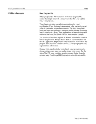 DQG VWRUH WKH UHVXOW LQ WKH 'HVWLQDWLRQ 6HH 7DEOH : IRU
                           TAN
                           TANGENT
                                                             VWDWXV IODJV IRU 7$1 LQVWUXFWLRQ
                           Source
                                                             7KH YDOXH LQ WKH 6RXUFH PXVW EH JUHDWHU WKDQ RU HTXDO WR ±
                           Destination
                                                             DQG OHVV WKDQ RU HTXDO WR  ,I LW LV QRW LQ WKLV UDQJH WKH
                                                             SURFHVVRU UHWXUQV D !INF! UHVXOW LQ WKH 'HVWLQDWLRQ 7KH UHVXOWLQJ
                                                             YDOXH LQ WKH 'HVWLQDWLRQ LV DOZDV D UHDO QXPEHU
                                                             ,PSRUWDQW )RU JUHDWHVW DFFXUDF WKH VRXUFH GDWD VKRXOG EH JUHDWHU
                                                                        WKDQ RU HTXDO WR ±π DQG OHVV WKDQ RU HTXDO WR π

                                                             Table 4.W
                                                             Updating Arithmetic Status Flags for an TAN Instruction

                                                                 With this Bit:   The Processor:

                                                                 Carry (C)        always resets

                                                                 Overflow (V)     sets if overflow generated; otherwise resets

                                                                 Zero (Z)         sets if result is zero; otherwise resets

                                                                 Sign (S)         sets if result is negative; otherwise resets


                                         Example:

                                                    I:012                                                              TAN
                                                             ]
                                                    ]                                                                  TANGENT
                                                        10                                                             Source               F8:15
                                                                                                                                       0.7853982
                                                                                                                       Destination          F8:16
                                                                                                                                        1.000000

                                           If input word 12, bit 10 is set, take the tangent of the value in F8:15 and store the result in F8:16.




1785-6.1 November 1998
 