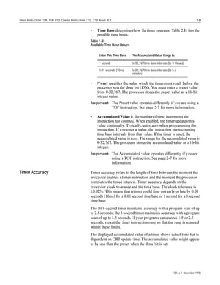 1-4                                                                         Relay-Type Instructions XIC, XIO, OTE, OTL, OTU, IIN, IOT, IDI, IDO


Energize (OTE)

                                     Description:       8VH WKH 27( LQVWUXFWLRQ WR FRQWURO D ELW LQ PHPRU ,I WKH ELW
                                                        FRUUHVSRQGV WR DQ RXWSXW PRGXOH WHUPLQDO WKH GHYLFH ZLUHG WR WKLV
                                                        WHUPLQDO LV HQHUJL]HG ZKHQ WKH LQVWUXFWLRQ LV HQDEOHG DQG
       Example:                                         GHHQHUJL]HG ZKHQ WKH LQVWUXFWLRQ LV GLVDEOHG ,I WKH LQSXW FRQGLWLRQV
                                                        WKDW SUHFHGH WKH 27( LQVWUXFWLRQ DUH WUXH WKH SURFHVVRU HQDEOHV WKH
                     O:013                              27( LQVWUXFWLRQ ,I WKH LQSXW FRQGLWLRQV WKDW SUHFHGH WKH 27(
                                                        LQVWUXFWLRQ DUH IDOVH WKH SURFHVVRU GLVDEOHV WKH 27( LQVWUXFWLRQ
                         01                             :KHQ UXQJ FRQGLWLRQV EHFRPH IDOVH WKH FRUUHVSRQGLQJ GHYLFH
  Turn ON bit O:013/01 of the output image table if     GHHQHUJL]HV
  the rung is true. Turn it OFF if the rung is false.
                                                        $Q 27( LQVWUXFWLRQ LV VLPLODU WR D UHOD FRLO 7KH 27( LQVWUXFWLRQ LV
  This bit corresponds to output terminal 01 of a
  module in /O group 3 of I/O rack 1.                   FRQWUROOHG E SUHFHGLQJ LQSXW LQVWUXFWLRQV WKH UHOD FRLO LV FRQWUROOHG
                                                        E FRQWDFWV LQ LWV KDUGZLUHG UXQJ
                                                        7KH 27( LQVWUXFWLRQ WHOOV WKH SURFHVVRU WR FRQWURO WKH DGGUHVVHG ELW
                                                        EDVHG RQ WKH UXQJ FRQGLWLRQ

                                                          If the Rung Is:    Then the Processor Turns the Bit:           Bit Logic State:

                                                         true               on                                      1

                                                         false              off                                     0


Latch (OTL)

                                     Description:       7KH 27/ LQVWUXFWLRQ LV D UHWHQWLYH RXWSXW LQVWUXFWLRQ WKDW FDQ RQO
                     L                                  WXUQ RQ D ELW LW FDQQRW WXUQ RII D ELW 