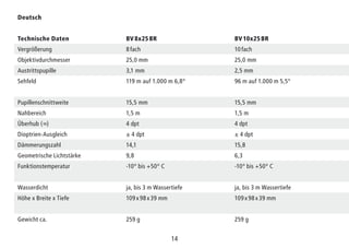 14
Deutsch
Technische Daten BV 8x25 BR BV 10x25 BR
Vergrößerung 8 fach 10 fach
Objektivdurchmesser 25,0 mm 25,0 mm
Austrittspupille 3,1 mm 2,5 mm
Sehfeld 119 m auf 1.000 m 6,8° 96 m auf 1.000 m 5,5°
Pupillenschnittweite 15,5 mm 15,5 mm
Nahbereich 1,5 m 1,5 m
Überhub (∞) 4 dpt 4 dpt
Dioptrien-Ausgleich ± 4 dpt ± 4 dpt
Dämmerungszahl 14,1 15,8
Geometrische Lichtstärke 9,8 6,3
Funktionstemperatur -10° bis +50° C -10° bis +50° C
Wasserdicht ja, bis 3 m Wassertiefe ja, bis 3 m Wassertiefe
Höhe x Breite x Tiefe 109 x 98 x 39 mm 109 x 98 x 39 mm
Gewicht ca. 259 g 259 g
 