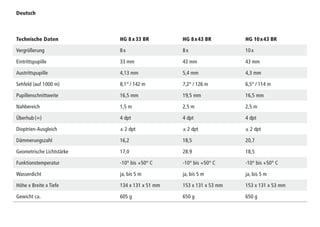 Deutsch
Technische Daten HG 8x33 BR HG 8x43 BR HG 10x43 BR
Vergrößerung 8 x 8 x 10 x
Eintrittspupille 33 mm 43 mm 43 mm
Austrittspupille 4,13 mm 5,4 mm 4,3 mm
Sehfeld (auf 1000 m) 8,1° / 142 m 7,2° / 126 m 6,5° / 114 m
Pupillenschnittweite 16,5 mm 19,5 mm 16,5 mm
Nahbereich 1,5 m 2,5 m 2,5 m
Überhub (∞) 4 dpt 4 dpt 4 dpt
Dioptrien-Ausgleich ± 2 dpt ± 2 dpt ± 2 dpt
Dämmerungszahl 16,2 18,5 20,7
Geometrische Lichtstärke 17,0 28.9 18,5
Funktionstemperatur -10° bis +50° C -10° bis +50° C -10° bis +50° C
Wasserdicht ja, bis 5 m ja, bis 5 m ja, bis 5 m
Höhe x Breite x Tiefe 134 x 131 x 51 mm 153 x 131 x 53 mm 153 x 131 x 53 mm
Gewicht ca. 605 g 650 g 650 g
 