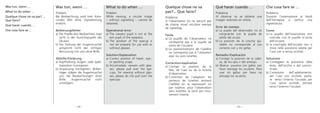 Quelque chose ne va
pas?... Que faire?
Problème
A l’observation on ne perçoit pas
de champ visuel circulaire exempt
de vignettag.
Faute
a) La pupille de l’observateur ne
correspond pas à la pupille de
sortie de l’oculaire.
b) Le positionnement de l’oeillère
ne correspond pas à l’utilisation
avec ou sans lunettes.
Correction/explication
a) Corriger la position de la
tête, de l’oeil ou de la lunette
d’observation.
b) Correction de l’adaption: les
porteurs de lunettes rentrent
l’oeillère en la repoussant ou
par rotation, pour l’observation
sans lunettes, la sortir par mou-
vement inverse.
Che cosa fare se …
Problema
Durante l’osservazione ai bordi
dell’immagine si verifica una
vignettatura.
Causa
a) La pupilla dell’osservatore non
coincide con la pupilla d’uscita
dell’oculare.
b) la conchiglia dell’oculare non si
trova nella posizione adatta per
l’uso con o senza occhiali.
Soluzione
a) Correggere la posizione della
testa, dell’occhio o del cannoc-
chiale.
b) Correzione dell’adattamento:
per l’uso con occhiali, porta-
re verso l’interno l’oculare; per
l’uso senza occhiali, portare
verso l’esterno l’oculare.
– 25 –
Qué hacer cuando …
Problema
Al observar no se obtiene una
imagen redonda sin viñeta.
Error de manejo
a) La pupila del observador no es
congruente con la pupila de
salida del ocular.
b) La posición de la concha aju-
stable no corresponde al uso
correcto con y sin gafas.
Remedio/Explicación
a) Corregir la posición de la cabe-
za, de los ojos o del anteojo.
b) Abarca: usuarios con gafas: por
favor extraiga los oculares. Para
usar sin gafas: por favor no
extraiga los oculares.
Was tun, wenn …
Problem
Bei Beobachtung wird kein Kreis-
rundes Bild ohne Vignettierung
erreicht.
Bedienungsfehler
a) Die Pupille des Beobachters liegt
nicht in der Austrittspupille des
Okulars.
b) Die Stellung der Augenmuschel
entspricht nicht der richtigen
Be­nutz­ung mit und ohne Brille.
Abhilfe/Erklärung
a) Kopfhaltung, Augen- oder Spek-
tivposition korregieren.
b) Anpassung korregieren: Brillen-
träger stülpen die Augen­muschel
um; bei Beobachtungen ohne
Brille: Augenmuschel nicht
umstülpen.
Was tun, wenn ...
What to do when ...
Quelque chose ne va pas? ...	
Que faire?
Qué hacer cuando …
Che cosa fare se ...
What to do when …
Problem
While viewing, a circular image
– without vignetting – cannot be
obtained.
Operational error
a) The viewers pupil is not at the
exit pupil of the eyepiece.
b) The position of the eyecup is
not set properly for use with or
without glasses.
Solution/Explanation
a) Correct position of head-, eye-,
or spotting scope.
b) Accomodate: viewers with glas-
ses; please pull over the eye-
cups, for viewing without glas-
ses; please do not pull over the
eyecups.
– 24 –
 
