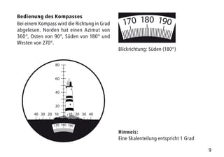 9
Bedienung des Kompasses
Bei einem Kompass wird die Richtung in Grad
abgelesen. Norden hat einen Azimut von
360°, Osten von 90°, Süden von 180° und
Westen von 270°.
Blickrichtung: Süden (180°)
Hinweis:
Eine Skalenteilung entspricht 1 Grad
180 190170
40 4020 2010 1030 30
60
80
40
20
 