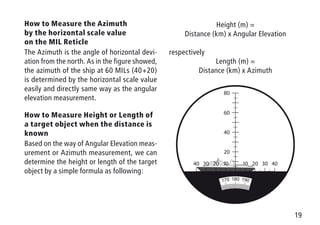 19
How to Measure the Azimuth
by the horizontal scale value
on the MIL Reticle
The Azimuth is the angle of horizontal devi-
ation from the north. As in the figure showed,
the azimuth of the ship at 60 MILs (40+20)
is determined by the horizontal scale value
easily and directly same way as the angular
elevation measurement.
How to Measure Height or Length of
a target object when the distance is
known
Based on the way of Angular Elevation meas-
urement or Azimuth measurement, we can
determine the height or length of the target
object by a simple formula as following:
Height (m) =
Distance (km) x Angular Elevation
respectively
Length (m) =
Distance (km) x Azimuth
40 4020 2010 1030 30
60
80
40
20
 