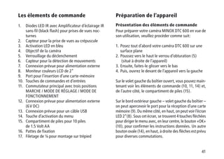 41
Les élements de commande
1.	Diodes LED IR avec Amplificateur d‘éclairage IR
sans-fil (black flash) pour prises de vues noc-
turnes
2.	Capteur pour la prise de vues au crépuscule
3.	 Activation LED en bleu
4.	 Objectif de la caméra
5.	 Verrouillage du déclenchement
6.	 Capteur pour la détection de mouvements
7.	 Connexion prévue pour alimentation externe
8.	 Moniteur couleurs LCD de 2“
9.	 Port pour l’insertion d’une carte-mémoire
10.	 Touches de commandes et d’entrées
11.	Commutateur principal avec trois positions
	MARCHE / MODE DE RÉGLAGE / MODE DE
FONCTIONNEMENT
12.	Connexion prévue pour alimentation externe
(6 V DC)
13.	 Connexion prévue pour un câble USB
14.	 Touche d’activation du menu
15.	Compartiment de piles pour 10 piles
de 1.5 Volt AA
16.	 Pattes de fixation
17.	 Filetage de ¼ pour montage sur trépied
Préparation de l’appareil
Présentation des éléments de commande
Pour préparer votre caméra MINOX DTC 600 en vue de
son utilisation, veuillez procéder comme suit:
1.	Posez tout d’abord votre caméra DTC 600 sur une
surface plane
2.	Poussez vers le haut le verrou d’obturation (5)
(situé à droite de l’appareil)
3.	Ensuite, faites-le glisser vers le bas
4.	Puis, ouvrez le devant de l’appareil vers la gauche
Sur le volet gauche du boîtier ouvert, vous pouvez main-
tenant voir les éléments de commande (10, 11, 14) et,
de l’autre côté, le compartiment de piles (15).
Sur le bord extérieur gauche – volet gauche du boîtier –
on peut apercevoir le port pour la réception d’une carte
mémoire (9). Du même côté, en haut, on peut voir l’écran
LED 2“(8). Sous cet écran, se trouvent 4 touches fléchées
pour diriger le menu avec, en leur centre, le bouton «OK»
(10), pour confirmer les instructions données. Un autre
bouton ovale (14), en haut, à droite des flèches est prévu
pour diverses commutations.
 