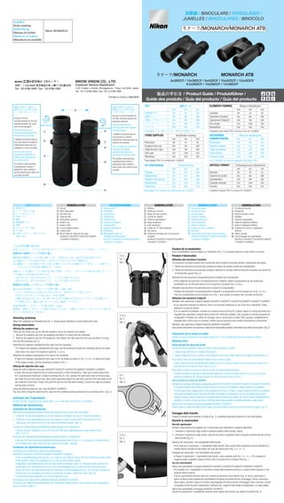 双眼鏡 / BINOCULARS / FERNGLÄSER /
JUMELLES / BINOCULARES / BINOCOLO
製品の手引き / Product Guide / Produktführer /
Guide des produits / Guía del producto / Guía del producto
1 Eyecup
2 Neck strap eyelet
3 Focusing ring
4 Objective lens
5 Interpupillary distance
6 Diopter ring
7 Diopter index
8 0 (zero) diopter position
9 Central shaft
!p Mount holes for objective lens caps
(8x42DCF/10x42DCF/12x42DCF/8.5x56DCF
/10x56DCF/12x56DCF)
TEILEBEZEICHNUNG
1 Okularmuschel
2 Riemenöse
3 Fokussierring
4 Objektivlinse
5 Augenabstand
6 Dioptrien-Einstellring
7 Dioptrienindex
8 Dioptrien-Nullstellung
9 Mittelachse
!p Montagebohrungen für
Objektivlinsenabdeckungen
(8x42DCF/10x42DCF/12x42DCF/8.5x56DCF
/10x56DCF/12x56DCF)
NOMENCLATURE NOMENCLATURANOMENCLATURE
1 Œilleton
2 Œillet pour courroie
3 Bague de mise au point
4 Lentille de l’objectif
5 Distance interpupillaire
6 Bague dioptrique
7 Index dioptrique
8 Position de “0” (zéro) dioptrique
9 Axe central
!p Orifices de montage pour les bouchons
d’objectif
(8x42DCF/10x42DCF/12x42DCF/8.5x56DCF
/10x56DCF/12x56DCF)
1 Oculares de goma
2 Ojo para la correa
3 Aro de enfoque
4 Lentes de objetivo
5 Distancia interpupilar
6 Anillo de dioptrías
7 Indice de dioptrías
8 Posición de cero (0) dioptrías
9 Eje pivote
!p Orificios de montaje para tapas de objetivo
(8x42DCF/10x42DCF/12x42DCF/8.5x56DCF
/10x56DCF/12x56DCF)
1 接眼目当て
2 ツリヒモ取りつけ部
3 ピント合わせリング
4 対物レンズ
5 眼幅
6 視度調整リング
7 指標
8 ０ディオプター位置
9 中心軸
!p 対物レンズキャップ取り付け穴
（ø56、ø42）
各部のなまえ
E G
F S I
J
NOMENCLATURA
ツリヒモの取り付け方
写真１のように、ツリヒモを取り付けます。ツリヒモがねじれないように注意してください。
観察時の接眼キャップの取り扱い
観察時の接眼キャップの取り扱いには、下記の [1]、[2] 二通りの方法があります。
[1] 接眼キャップを本体から外し、両方のツリヒモにぶら下げて観察する。
[2] 接眼キャップを本体から外した後、右側のツリヒモから接眼キャップを外して、左側のツリ
ヒモにぶら下げた状態で観察する。（写真２）
接眼キャップ右側のツリヒモ取り付け部と対物レンズキャップのツリヒモ取り付け部には、ツリ
ヒモ着脱のための切れ目があります。
• 取り外し方： 図３のa-b-cのように、ツリヒモを取り外します。
• 取り付け方： 図３のc-b-aのように、ツリヒモを取り付けます。
観察時の対物レンズキャップの取り扱い
組み込み済対物レンズキャップの取り扱い（ø56、ø42）
• キャップは外力などの強い力で外れますので、紛失などにご注意ください。
• 外れたときのキャップの取り付け（写真４参照）
右側の足を先に穴に入れ、右に押し付けながら左側の足をはめ込んで下さい。足を軸にキャッ
プを回転させて、確実に取り付いているか、確認してください。
装着済対物レンズキャップの取り扱い（ø 36）
観察時、対物レンズキャップの紛失を防止するために、対物レンズキャップをツリヒモに取り付
けることが出来ます。（写真２）
Attaching neckstrap
Attach the neckstrap as illustrated (see Fig. 1), paying special attention to avoid twisting the strap.
During observation
Utilizing the eyepiece cap
There are two things you can do with the eyepiece cap as you observe your subject.
1. Remove the eyepiece cap from the eyepieces and allow it to hang from the neckstrap.
2. Remove the eyepiece cap from the eyepieces, then detach the right strap from the cap and allow it to hang
from the left neckstrap (Fig. 2).
Detaching the eyepiece cap/objective lens caps from the neckstrap
• To detach the eyepiece cap/objective lens caps, pull the neckstrap through the neckstrap slits (on the right-
hand side in the case of the eyepiece cap) (Fig. 3; a-b-c).
Attaching the eyepiece cap/objective lens caps to the neckstrap
• Attach the eyepiece cap/objective lens caps to the neckstrap as shown in Fig. 3; c-b-a. To adjust the length
of the straps or loops, pull the neckstrap as shown in Fig. 1.
Utilizing the objective lens caps
Using the built-in objective lens caps (8x42DCF/10x42DCF/12x42DCF/8.5x56DCF/10x56DCF/12x56DCF)
• Caps may become detached due to external pressure or other strong force. Take care to avoid losing them.
• If a cap becomes detached, re-attach as follows (Fig 4): First, position the right-hand hook on the lens caps
tab inside the lip of the mount hole. Next, while squeezing toward the right side, push the left-hand hook on the
tab inside the mount hole. Finally, fully push the tab into the hole while twisting. Confirm the caps are properly
and securely mounted.
Using the attaching objective lens caps (8x36DCF/10x36DCF)
You may wish to hang the objective lens caps from the neckstrap during observation to avoid losing them. (Fig. 2)
Anbringen des Trageriemens
Bringen Sie den Trageriemen wie gezeigt (Abb. 1) an, ohne dabei den Riemen zu verdrehen.
Während der Beobachtung
Handhaben der Okularabdeckung
Während der Beobachtung können Sie die Okularabdeckung auf zwei Arten handhaben.
1. Entfernen Sie die Okularabdeckung von den Okularen und lassen Sie sie am Trageriemen hängen.
2. Entfernen Sie die Okularabdeckung von den Okularen, trennen Sie die rechte Riemenseite von der
Abdeckung, und lassen Sie sie von der linken Riemenseite hängen. (Abb. 2)
Trennen der Okularabdeckung/Objektivlinsenabdeckungen vom Trageriemen
• Ziehen Sie den Trageriemen durch die Ösen (im Falle der Okularabdeckung an der rechten Seite).
(Abb. 3, a-b-c)
Anbringen der Okularabdeckung/Objektivlinsenabdeckungen am Trageriemen
• Bringen Sie Okularabdeckung/Objektivlinsenabdeckungen wie in Abb. 3, c-b-a gezeigt am Trageriemen an.
Zum Einstellen der Länge ziehen Sie den Riemen wie in Abb. 1 gezeigt.
Handhaben der Objektivlinsenabdeckungen
Verwendung der integrierten Objektivlinsenabdeckungen
(8x42DCF/10x42DCF/12x42DCF/8.5x56DCF/10x56DCF/12x56DCF)
• Die Linsenabdeckungen können sich u. U. aufgrund von äußerem Druck oder der Einwirkung anderer starker
Kräfte ablösen. Achten Sie unbedingt darauf, dass sie nicht verloren gehen.
• Abgelöste Linsenabdeckungen sind wie folgt wieder anzubringen (Abb. 4): Positionieren Sie zunächst die
rechte Klaue der Linsenabdeckung in der Lippe der Montagebohrung. Drücken Sie dann das Ganze nach
rechts und führen Sie dabei gleichzeitig die linke Klaue in die Montagebohrung ein. Zum Schluss drücken Sie
die Klaue bis zum Anschlag in die Bohrung und drehen sie dabei. Stellen Sie sicher, dass die
Linsenabdeckungen einwandfrei und sicher angebracht sind.
Verwendung der angebrachten Objektivlinsenkappen (8x36DCF/10x36DCF)
Sie können die Objektivlinsenabdeckungen am Trageriemen hängen lassen, um sie während der Beobachtung
nicht zu verlieren. (Abb. 2)
Fixation de la bandoulière
Fixez la bandoulière comme indiqué sur l’illustration (Fig. 1), en prenant garde de ne pas tordre la courroie.
Pendant l’observation
Utilisation des bouchons d’oculaire
Les bouchons d’oculaire peuvent être écartés des deux manières suivantes pendant l’observation des sujets.
1. Retirez les bouchons d’oculaire des oculaires et laissez-les pendre à partir de la bandoulière.
2. Retirez les bouchons d’oculaire des oculaires, détachez la courroie droite du bouchon et laissez-les pendre de
la bandoulière gauche (Fig. 2).
Détachement des bouchons d’oculaire/bouchons d’objectif de la bandoulière
• Pour détacher les bouchons d’oculaire/bouchons d’objectif, passez la bandoulière par les fentes pour
bandoulière (sur le côté droit dans le cas du bouchon d’oculaire) (Fig. 3; a-b-c).
Refixation des bouchons d’oculaire/bouchons d’objectif à la bandoulière
• Refixez les bouchons d’oculaire/bouchons d’objectif à la bandoulière comme indiqué sur la Fig. 3; c-b-a.
Tirez sur la bandoulière comme indiqué sur la Fig. 1 pour ajuster la longueur des courroies ou boucles.
Utilisation des bouchons d’objectif
Utilisation des capuchons d’objectif intégrés (8x42DCF/10x42DCF/12x42DCF/8.5x56DCF/10x56DCF/12x56DCF)
• Les capuchons peuvent se détacher suite à une pression extérieure ou une autre force importante. Faites
attention à ne pas les perdre.
• Si un capuchon se détache, remettez-le en place comme suit (Fig 4): D’abord, placez le crochet de droite de la
languette des capuchons d’objectif dans la fente de l’orifice de montage. Puis, poussez le crochet de gauche de
la languette à l’intérieur de l’orifice de montage, tout en serrant vers la droite. Enfin, poussez complètement la
languette dans l’orifice tout en la tordant. Vérifiez que les bouchons sont montés correctement et fermement.
Utilisation des capuchons d’objectif attachés (8x36DCF/10x36DCF)
Vous pouvez faire pendre les bouchons d’objectif de la bandoulière pendant l’observation pour éviter de les perdre. (Fig. 2).
Colocación de la correa al cuello
Instale la correa al cuello como en la figura (vea la Fig. 1) con cuidado para que no se enrolle la correa.
Mientras mira
Cómo guardar las tapas del ocular
Hay dos formas de guardar la tapa del ocular mientras observa su objeto.
1. Saque la tapa del ocular y cuelgue de la argolla.
2. Saque la tapa del ocular y suelte la correa derecha de la tapa y deje colgado de la argolla izquierda (Fig. 2).
Para sacar la tapa del ocular/tapa del objetivo de la correa al cuello
• Para soltar la tapa del ocular/tapa del objetivo, tire de la correa al cuello por las ranuras de la correa en el
lado derecho de la tapa del ocular (Fig. 3; a-b-c).
Para volver a colocar la correa al cuello en la tapa del ocular/tapa del objetivo
• Vuelva a instalar la tapa del ocular/tapa del objetivo en la correa al cuello como en la Fig. 3 (c-b-a). Para
ajustar la longitud de las correas o bucles, tire de las correas como en la Fig. 1.
Cómo guardar las tapas del objetivo
Utilización de las tapas del objetivo incorporadas (8x42DCF/10x42DCF/12x42DCF/8.5x56DCF/10x56DCF/12x56DCF)
• Las tapas pueden salirse debido a presión externa u otra fuerza considerable. Tenga cuidado de no perderlas.
• Si una tapa se sale, acóplela otra vez de la siguiente forma (Fig. 2): Primero, coloque el gancho derecho en la pestaña
de las tapas del objetivo dentro del borde del orificio de montaje. A continuación, a la vez que aprieta hacia la parte
derecha, empuje el gancho izquierdo en la pestaña dentro del orificio de montaje. Por último, empuje completamente la
pestaña en el orificio a la vez que tuerce. Confirme que las tapas quedaron montadas adecuada y seguramente.
Utilización de las tapas del objetivo acoplables (8x36DCF/10x36DCF)
Puede colgar las tapas del objetivo de la argolla mientras observa, para evitar que se pierdan las tapas. (Fig. 2)
Fissaggio della tracolla
Fissare la tracolla come mostrato (si veda la Fig. 1), prestando particolare attenzione a non attorcigliarla.
Durante le osservazioni
Uso del coprioculari
Durante l’osservazione dei soggetti, per il coprioculari sono disponibili le seguenti alternative:
1. rimuovere il coprioculari dagli oculari e lasciarlo pendere dalla tracolla, oppure.
2. rimuovere il coprioculari dagli oculari, staccare da esso la cinghietta destra e lasciarlo pendere dal lato sinistro
della tracolla (Fig. 2).
Distacco del coprioculari / dei copriobiettivi dalla tracolla
• Per staccare il coprioculari / i copriobiettivi dalla tracolla, tirare quest’ultima facendola scorrere attraverso la
relativa fessura (situata sul lato destro nel caso del coprioculari) (Fig. 3, a – b - c).
Fissaggio del coprioculari / dei copriobiettivi alla tracolla
• Fissare il coprioculari / i copriobiettivi alla tracolla, come mostrato nella Fig. 3, c – b - a. Per regolare la
lunghezza delle cinghiette o degli occhielli, tirare la tracolla come mostrato nella Fig. 1.
Uso dei copriobiettivi
Utilizzo dei copriobiettivi incorporati (8x42DCF/10x42DCF/12x42DCF/8.5x56DCF/10x56DCF/12x56DCF)
• È possibile che i copriobiettivi si stacchino a causa della pressione esterna o a causa di altre pressioni e che
possano essere smarriti.
• Se un copriobiettivo dovesse staccarsi, fissarlo nuovamente come indicato (Fig. 4): primo, posizionare il
gancio di destra sulla linguetta del copriobiettivo all’interno del bordo del foro di fissaggio. Quindi, premendo
verso destra, premere il gancio di sinistra sulla linguetta all’interno del foro di fissaggio. Infine, premere a fondo
la linguetta nel foro durante l’avvitamento. Verificare che i coperchi siano fissati correttamente e in modo stabile.
Utilizzo dei copriobiettivi di fissaggio (8x36DCF/10x36DCF)
Durante le osservazioni i copriobiettivi possono venire appesi alla tracolla, per evitare di perderli (Fig. 2).
写真１
Fig. 1
Abb. 1
図３
Fig. 3
Abb. 3
写真２
Fig. 2
Abb. 2
Printed in China (139k)/9DE
NIKON VISION CO., LTD.
Customer Service Department
3-25, Futaba 1-chome, Shinagawa-ku, Tokyo 142-0043, Japan
Tel: +81-3-3788-7699 Fax: +81-3-3788-7698
本体表示
Body marking
Beschriftung
Nikon MONARCH
Marque du boîtier
Marca en el cuerpo
Marcatura sul prodotto
CSセンター
住所：〒142-0043 東京都品川区二葉1丁目3番25号
Tel：03-3788-7699 Fax：03-3788-7692
モナーク/MONARCH/MONARCH ATB
1 Occiello per tracolla
2 Paraocchio
3 Anello di messa a fuoco
4 Obiettivo
5 Distanza interpupillare
6 Anello di regolazione diottrica
7 Indice di regolazione diottrica
8 Posizione di 0 (zero) in regolazione
diottrica
9 Albero centrale
!p Fori di fissaggio dei copriobiettivi
(8x42DCF/10x42DCF/12x42DCF/8.5x56DCF
/10x56DCF/12x56DCF)
3
!p
6
8
7
5
1
2
9
裸眼で使用する場合は、
接眼目当てを反時計方向
に一杯まで回してくださ
い。
Eyecup is turned
counterclockwise to the fully
extended position (for users
with normal eyesight)
Okularmuschel bis zum
Anschlag herausgedreht (für
Anwender ohne Sehhilfe)
L’œilleton est tourné dans le
sens anti-horaire en position
entièrement sortie (pour les
utilisateurs à vision normale).
Gire el ocular hacia la
izquierda para alargarlo al
máximo (para las personas
con visión normal)
Per portarlo nella posizione
completamente estesa, il
paraocchio viene ruotato in
senso antiorario (per utenti con
una vista normale).
眼鏡を使用する場合は、
接眼目当てを時計方向に
一杯まで回してください。
Eyecup is turned clockwise to
the fully retracted position (for
spectacle wearers)
Okularmuschel bis zum
Anschlag nach unten gedreht
(für Brillenträger)
L’œilleton est tourné dans le
sens horaire en position
entièrement enfoncée (pour les
porteurs de lunettes).
Gire el ocular hacia la derecha
hasta que se retraiga
completamente (para las
personas que utilicen lentes)
Per portarlo nella posizione
completamente ritratta, il
paraocchio viene ruotato in
senso orario (per utenti con gli
occhiali).
構成 識別マーク
ø36 ø42 ø56
双眼鏡ボディ BR BY BS
接眼キャップ EBJ EBJ EBN
対物レンズキャップ OAV OBF OBD
ソフトケース CAV CAW CBU
ツリヒモ SAD SAD SAA
ITEMS SUPPLIED identification marking
ø36 ø42 ø56
Binoculars BR BY BS
Eyepiece lens cap EBJ EBJ EBN
Objective lens caps OAV OBF OBD
Soft case CAV CAW CBU
Neckstrap SAD SAD SAA
Im Lieferumfang Kennzeichnung
ø36 ø42 ø56
Fernglas BR BY BDS
Okulardeckel EBJ EBJ EBN
Objektiv-linsendeckel OAV OBF OBD
Weichtasche CAV CAW CBU
Halsriemen SAD SAD SAA
ELEMENTS FOURNIS Marque d’identification
ø36 ø42 ø56
Jumelles BR BY BS
Capuchon d’oculaire EBJ EBJ EBN
Capuchons d'objectif OAV OBF OBD
Etui souple CAV CAW CBU
Bandoulière SAD SAD SAA
ACCESORIOS Marca de identificación
SUMINISTRADOS ø36 ø42 ø56
Binoculares BR BY BS
Tapa de oculares EBJ EBJ EBN
Tapas de objetivo OAV OBF OBD
Funda blanda CAV CAW CBU
Correa al cuello SAD SAD SAA
ARTICOLI FORNITI Contrassegno per individuazione
ø36 ø42 ø56
Binocolo BR BY BS
Coperchi di oculari EBJ EBJ EBN
Copriobiettivo OAV OBF OBD
Custodia morbida CAV CAW CBU
Tracolla SAD SAD SAA
モナーク/MONARCH MONARCH ATB
8x36DCF / 10x36DCF / 8x42DCF / 10x42DCF / 12x42DCF
8.5x56DCF / 10x56DCF / 12x56DCF
4
写真４
Fig. 4
Abb. 4
12x56DCF には三脚アダプターTRA-3が付属します。
Tripod adapter TRA-3 is included with 12x56DCF.
Stativadapter TRA-3 gehört zum Lieferumfang von 12x56DCF.
Con el 12x56DCF se incluye el adaptador para trípode TRA-3.
L’adaptateur pour trépied TRA-3 est fourni avec les 12x56DCF.
L’adattatore treppiedi TRA-3 è incluso nel 12x56DCF.
 