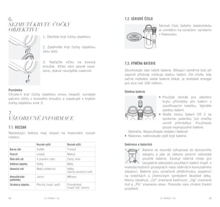 EL RANGE / DE EL RANGE / DE68 69EL RANGE / CZEL RANGE / CZ
6.
Sejmutí krytu čočky
objektivu
1. Otevřete kryt čočky objektivu.
2. Zatáhněte kryt čočky objektivu
silou dolů.
3. Natlačte víčko na kovový
kroužek. Víčko není pevně nasa-
zeno, dokud neuslyšíte cvaknutí.
Poznámka:
Chcete-li kryt čočky objektivu znovu nasadit, sundejte
palcem víčko z kovového kroužku a zopakujte s krytem
čočky objektivu krok 3.
7.
Všeobecné informace
7.1. Rozsah
Následující faktory mají dopad na maximální rozsah
měření:
7.2. Sériové číslo
Sériové číslo Vašeho dalekohledu
je umístěno na označení: vyrobeno
v Rakousku.
7.3. Výměna baterie
Zkontrolujte stav nabití baterie. Blikající záměrný bod při
zapnutí přístroje indikuje slabou baterii. Od chvíle, kdy
začne indikátor slabé baterie blikat, je dostatek energie
pro více než 100 měření.
Výměna baterie
•	 Použijte otvírák pro otevření
krytu přihrádky pro baterii v
zaostřovacím kolečku. Vyjměte
vybitou baterii.
•	 Vložte novou baterii CR 2 se
správnou polaritou (viz značky
uvnitř přihrádky). Používejte
pouze nepropustné baterie.
Výstraha: Nepoužívejte dobíjecí baterie!
•	 Nakonec našroubujte zpět kryt baterie.
Směrnice o bateriích
Baterie se nesmějí odhazovat do domovního
odpadu a jste ze zákona povinni odevzdat
použité baterie. Existují sběrná místa pro
bezplatné odevzdání použitých baterií (např. v
maloobchodních prodejnách nebo sběrnách komunálního
odpadu). Baterie jsou označené přeškrtnutou popelnicí
na kolečkách a chemickým symbolem škodlivé látky,
kterou obsahují: „Cd“ znamená kadmium, „Hg“ znamená
rtuť a „Pb“ znamená olovo. Pomozte nám chránit životní
prostředí.
Rozsah vyšší Rozsah nižší
Barva cíle Světlá Tmavá
Povrch Lesklý Matný
Úhel vůči cíli V pravém úhlu Ostrý úhel
Velikost objektu Velký Malý
Sluneční svit Malý (oblačno) Velký
(jasný sluneční svit)
Atmosférické
podmínky
Jasno Mlhavo
Struktura objektu Plochý (např. zeď) Proměnlivý
(např. keř, strom)
 