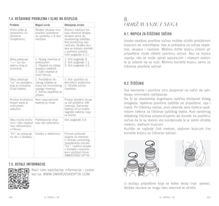 EL RANGE / DE EL RANGE / DE160 161EL RANGE / SREL RANGE / SR
7.4. Rešavanje problema i slike na displeju 8.
Održavanje i nega
8.1. Krpica za čišćenje sočiva
Visoko osetljive površine sočiva možete očistiti priloženom
krpicom od mikrofibera. Ista je prikladna za sočiva objek-
tiva, okulara i naočare. Molimo držite krpicu čistom jer
prljavština može oštetiti površinu sočiva. Ako se krpica
zaprlja, ista se može oprati sapunicom i mlakom vodom
te je ostaviti da se suši. Molimo koristite krpicu samo za
čišćenje površine sočiva!
8.2. Čišćenje
Sve elemente i površine smo dizajnirali na način da zah-
tevaju minimalno održavanje.
Da bi se obezbedila dugotrajna optička blistavost Vašeg
dvogleda, staklene površine zaštitite od prljavštine, ulja i
masti. Pri čišćenju sočiva, prvo uklonite veće čestice upot-
rebom četkice za čišćenje optičkog stakla. Kod narednog
detaljnog čišćenja preporučujemo da dunete na površinu
sočiva da bi se stvorio sloj kondenzata te je zatim očistite
mekom, vlažnom krpicom.
Kućište se najbolje čisti mekom, vlažnom krpicom (ne
koristite krpicu za čišćenje sočiva).
U slučaju prljavštine koja se teško skida (npr. peska),
školjke okulara se mogu lako odvrnuti te očistiti.
7.5. OSTALE INFORMACIJE
Naći ćete sadržajnije informacije i podat-
ket na: WWW.SWAROVSKIOPTIK.COM.
Problem Mogući uzrok Uklanjanje uzroka
Vidno polje je
zasenčeno na
obodima
(vinjetirano).
Školjke okulara nisu
pravilno podešene
za upotrebu s ili bez
naočara.
Nosioci naočara tre-
baju okrenuti školjke
okulara skroz do
zaustavnog položaja.
Kod korišćenja bez
naočara, školjke oku-
lara se trebaju odvrtati
u potrebni položaj
(vidi poglavlje 3.1.).
Slika pokazuje
“----” za raz-
daljinu koja je
izmerena.
1. Opseg merenja je
prekoračen.
2. Objekat ne odbija
dovoljno svetlosti.
3. Ciljni objekat je
izvan fokusa.
1. Vidi poglavlje 4.
2. Vidi poglavlje 7.1.
3. Vidi poglavlje 3.5.
Slika pokazuje
“co” za razdaljinu
koja je izmerena
(čista stakla).
1. Razdaljina do
ciljnog objekta je
kraća od minimalnog
opsega merenja.
2. Sočivo objektiva je
prljavo.
1. Vidi uputstvo sa
tehničkim podacima.
2. Očistite sočivo
objektiva.
Kružna končanica
treperi kada je
instrument
uključen.
Nivo napunjenosti
baterije je nizak.
Postoji dovoljno struje
za još približno 100
merenja. Zamenite
bateriju ili na kratko
zagrejte bateriju koja
se koristi.
Slika, kružna konča-
nica i ciljni objekat
nisu istovremeno
u fokusu.
Podešavanje diop-
trije nije optimalno.
Vidi poglavlje 3.4.
“Err” se pokazuje
na slici u displeju.
Greška u elektronici Ponovo pritisnite
dugme za merenje.
U slučaju ponovnog
pojavljivanja poruke
“Err”, molimo stupite
u kontakt s korisnič-
kom službom firme
SWAROVSKI OPTIK.
 
