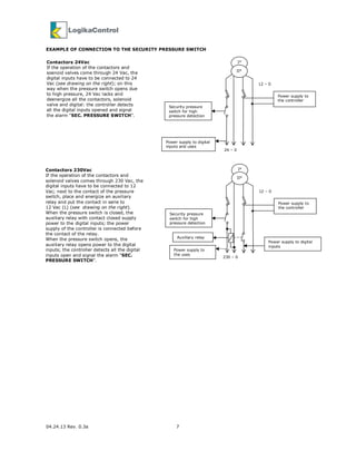 04.24.13 Rev. 0.3a 7
EXAMPLE OF CONNECTION TO THE SECURITY PRESSURE SWITCH
Contactors 230Vac
If the operation of the contactors and
solenoid valves comes through 230 Vac, the
digital inputs have to be connected to 12
Vac; next to the contact of the pressure
switch, place and energize an auxiliary
relay and put the contact in serie to
12 Vac (L) (see drawing on the right).
When the pressure switch is closed, the
auxiliary relay with contact closed supply
power to the digital inputs; the power
supply of the controller is connected before
the contact of the relay.
When the pressure switch opens, the
auxiliary relay opens power to the digital
inputs; the controller detects all the digital
inputs open and signal the alarm “SEC.
PRESSURE SWITCH”.
Contactors 24Vac
If the operation of the contactors and
soenoid valves come through 24 Vac, the
digital inputs have to be connected to 24
Vac (see drawing on the right); on this
way when the pressure switch opens due
to high pressure, 24 Vac lacks and
deenergize all the contactors, solenoid
valve and digital: the controller detects
all the digital inputs opened and signal
the alarm “SEC. PRESSURE SWITCH”.
I°
12 – 0
II°
Security pressure
switch for high
pressure detection
Power supply to
the controller
Power supply to digital
inputs and uses
24 – 0
I°
12 – 0
II°
Security pressure
switch for high
pressure detection
Auxiliary relay
Power supply to
the controller
Power supply to
the uses
230 – 0
Power supply to digital
inputs
 