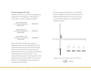 8 9
Precision Ranging with mrads
Mrad measurements are very effective for ranging using
simple formulas. Knowing the size of the target or a
nearby object is essential to using these formulas.
Accurate measuring will depend on a very steady hold.
Be sure to solidly brace the arms when measuring or use
a tripod mount for maximum accuracy. Once you have
an accurate mrad reading, use one of the formulas to
calculate the distance.
Ranging a 6-foot man (2 yards) at 4 mrads yields 500 yards.
2 x 1000
4 mrads
500 Yards=
Range (Yards)=
Target Size (Yards) x 1000
Measured mrads
Be sure the reticle is in focus before ranging (see
Adjusting the Reticle Focus). Using either the vertical
or horizontal mrad scale, place the reticle on the target
of known dimension and read the number of mrads
spanned. Maximum accuracy in ranging will be obtained
by calculating exact mrad measurements—try to
estimate mrad measurement in 1/10s if possible. To help
calculate fractions of mrads, the Viper R/T reticle uses
both 1 and .5 mrad graduations on the crosshair. Fine
crosshairs subtend .05 mrads.
Range (Yards)=
Target Size (Inches) x 27.8
Measured mrads
Range (Meters)=
Target Size (Meters) x 1000
Measured mrads
 