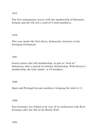 1973
The first enlargement occurs with the membership of Denmark,
Ireland, and the UK (for a total of 9 total members).
1979
This year marks the first direct, democratic elections to the
European Parliament.
1981
Greece enters into full membership, in part to “lock in”
democracy after a period of military dictatorship. With Greece’s
membership, the total stands at 10 members.
1986
Spain and Portugal become members, bringing the total to 12.
1990
East Germany was folded in by way of its unification with West
Germany after the fall of the Berlin Wall.
1993
 