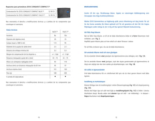 14 15
Repuestos para prismáticos ZEISS CONQUEST COMPACT T*
Corduratasche für ZEISS CONQUEST COMPACT 8x20 T*	 52 90 31
Corduratasche für ZEISS CONQUEST COMPACT 10x25 T*	 52 90 33
Nos reservamos el derecho a modificaciones técnicas y a cambios de los componentes que
constituyen el suministro.
Datos técnicos
8x20 T* 10x25 T*
Aumento 8x 10x
Diámetro del objetivo (mm) 20 25
Campo visual a 1000 m (m) 115 95
Diámetro de la pupila de salida (mm) 2,5 2,5
Distancia de enfoque mínima (m) 3,3 5,5
Margen de compensación de las dioptrías ≥ +/– 2 dpt +/– 2 dpt
Distancia interpupilar ajuste de/ a (mm) 33 – 75 33 – 75
Altura con anteojeras replegadas (mm) 93 110
Anchura (mm) con distancia interpupilar de 65 mm 93 97
Anchura máxima (mm) 101 104
Peso (g) 180 200
A prueba de salpicaduras ● ●
Nos reservamos el derecho a modificaciones técnicas y a cambios de los componentes que
constituyen el suministro.
BRUKSANVISNING
Grattis till din nya, förstklassiga kikare. Upplev en naturtrogen bildåtergivning som
återspeglar våra höga kvalitetsambitioner.
Märket ZEISS kännetecknas av högklassig optik, precis tillverkning och lång livstid. För att
du ska kunna använda din kikare optimalt och för att garantera att den blir din trogna
följeslagare under många år, ber vi dig att läsa igenom följande bruksanvisning.
Att fälla ihop kikaren
När du fäller ihop kikaren, se till att de båda kikarhalvorna bildar en z-form tillsammans med
mittdelen, som i Fig. 2.
Hopfälld sparar kikaren plats och kan enkelt och säkert förvaras i väskan.
För att fälla ut kikaren igen, dra isär de båda kikarhalvorna.
Att använda kikaren med och utan glasögon
Om du använder kikaren utan glasögon ska ögonmusslorna vara utdragna, som i Fig. 1/A.
Om du använder kikaren med glasögon, tryck den mjuka gummiranden på ögonmusslorna så
långt som möjligt över den övre randen på okularfattningen, som i Fig. 1/B.
Att ställa in ögonavståndet
Vrid båda kikarhalvorna tills en cirkelformad bild syns när du tittar genom kikaren med båda
ögonen.
Inställning av motivskärpan
Kikaren förfogar över ett inställningshjul i mitten (fokuseringsknapp Fig. 1/C) och dioptrijustering
(Fig. 1/D).
Blunda med höger öga och ställ med hjälp av inställningshjulet (Fig. 1/C) in bilden i vänstra
kikarhalvan skarpt. Blunda sedan med vänster öga och ställ – om nödvändigt – in skärpan i
högra kikarhalvan med dioptrijusteringen.
 