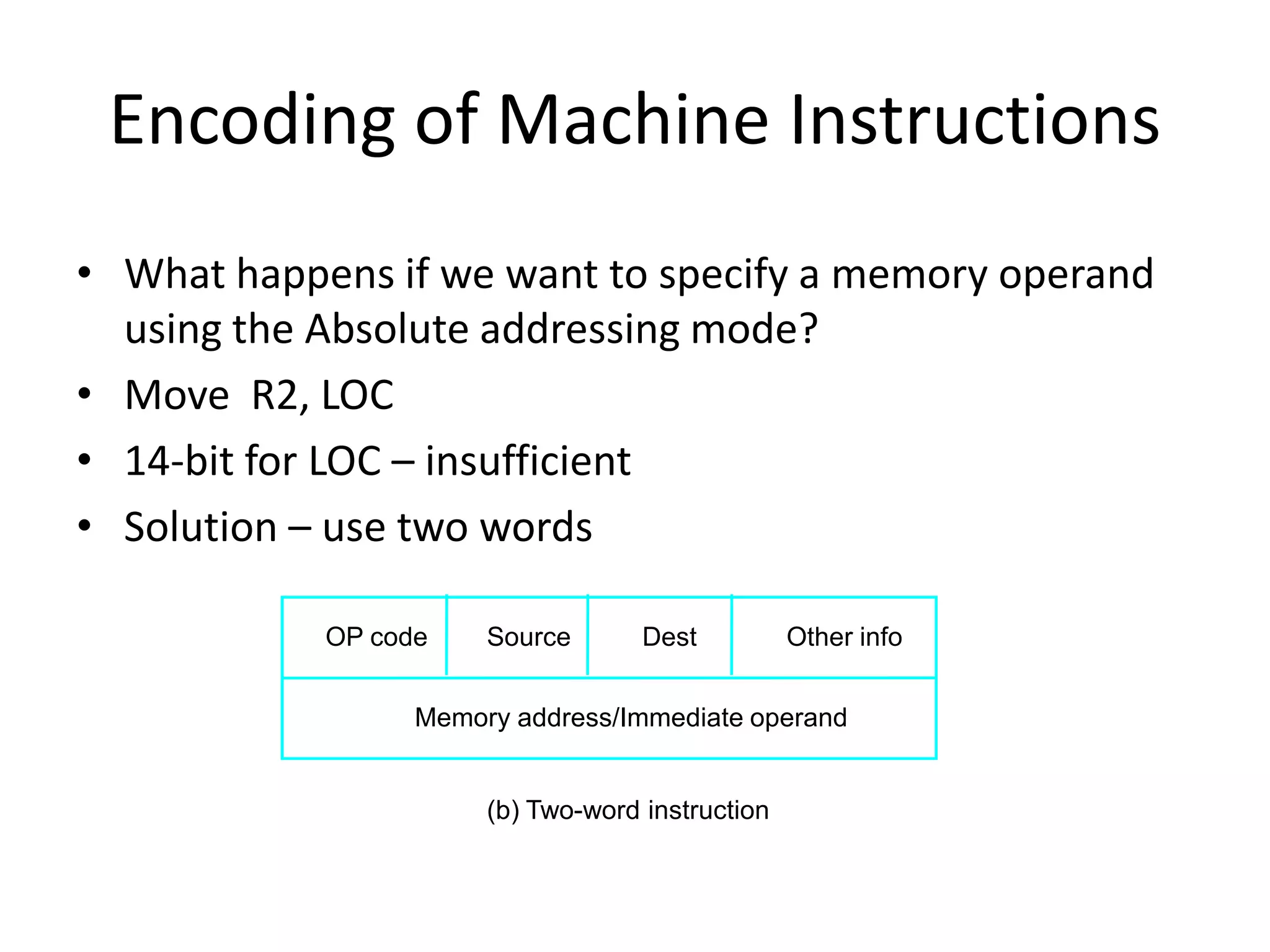 Encoding of Machine Instructions
• What happens if we want to specify a memory operand
using the Absolute addressing mode?
• Move R2, LOC
• 14-bit for LOC – insufficient
• Solution – use two words
(b) Two-word instruction
Memory address/Immediate operand
OP code Source Dest Other info
 