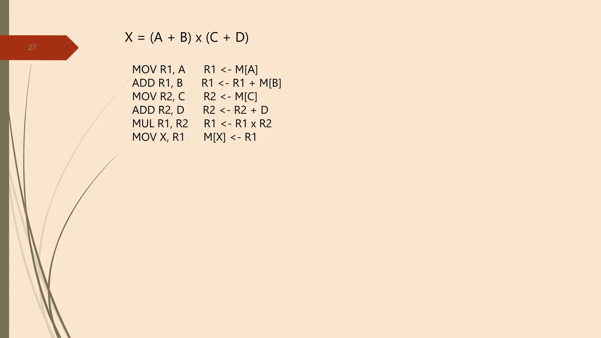 27
X = (A + B) x (C + D)
MOV R1, A R1 <- M[A]
ADD R1, B R1 <- R1 + M[B]
MOV R2, C R2 <- M[C]
ADD R2, D R2 <- R2 + D
MUL R1, R2 R1 <- R1 x R2
MOV X, R1 M[X] <- R1
 