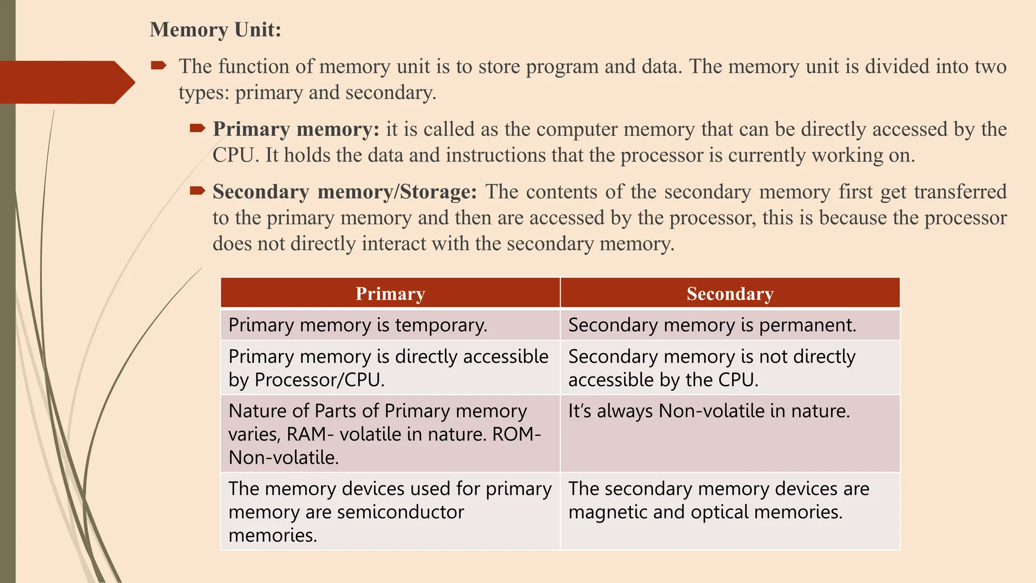 Memory Unit:
 The function of memory unit is to store program and data. The memory unit is divided into two
types: primary and secondary.
 Primary memory: it is called as the computer memory that can be directly accessed by the
CPU. It holds the data and instructions that the processor is currently working on.
 Secondary memory/Storage: The contents of the secondary memory first get transferred
to the primary memory and then are accessed by the processor, this is because the processor
does not directly interact with the secondary memory.
Primary Secondary
Primary memory is temporary. Secondary memory is permanent.
Primary memory is directly accessible
by Processor/CPU.
Secondary memory is not directly
accessible by the CPU.
Nature of Parts of Primary memory
varies, RAM- volatile in nature. ROM-
Non-volatile.
It’s always Non-volatile in nature.
The memory devices used for primary
memory are semiconductor
memories.
The secondary memory devices are
magnetic and optical memories.
 