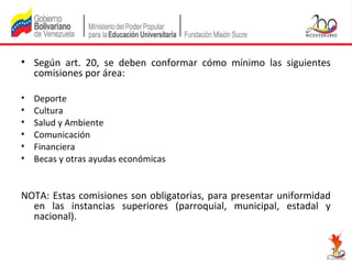 • Según art. 20, se deben conformar cómo mínimo las siguientes
comisiones por área:
•
•
•
•
•
•

Deporte
Cultura
Salud y Ambiente
Comunicación
Financiera
Becas y otras ayudas económicas

NOTA: Estas comisiones son obligatorias, para presentar uniformidad
en las instancias superiores (parroquial, municipal, estadal y
nacional).

 