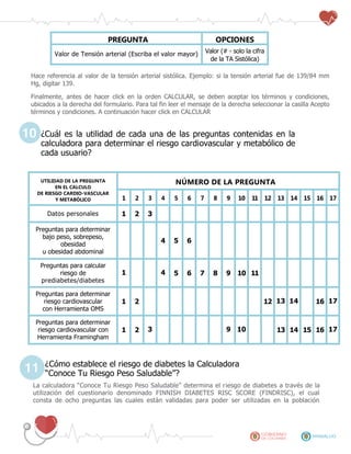 PREGUNTA OPCIONES
Valor de Tensión arterial (Escriba el valor mayor) Valor (# - solo la cifra
de la TA Sistólica)
Hace referencia al valor de la tensión arterial sistólica. Ejemplo: si la tensión arterial fue de 139/84 mm
Hg, digitar 139.
Finalmente, antes de hacer click en la orden CALCULAR, se deben aceptar los términos y condiciones,
ubicados a la derecha del formulario. Para tal fin leer el mensaje de la derecha seleccionar la casilla Acepto
términos y condiciones. A continuación hacer click en CALCULAR
¿Cuál es la utilidad de cada una de las preguntas contenidas en la
calculadora para determinar el riesgo cardiovascular y metabólico de
cada usuario?
UTILIDAD DE LA PREGUNTA
EN EL CALCULO
DE RIESGO CARDIO-VASCULAR
Y METABÓLICO
NÚMERO DE LA PREGUNTA
1 2 3 4 5 6 7 8 9 10 11 12 13 14 15 16 17
Datos personales 1 2 3
Preguntas para determinar
bajo peso, sobrepeso,
obesidad
u obesidad abdominal
4 5 6
Preguntas para calcular
riesgo de
prediabetes/diabetes
1 4 5 6 7 8 9 10 11
Preguntas para determinar
riesgo cardiovascular
con Herramienta OMS
1 2 12 13 14 16 17
Preguntas para determinar
riesgo cardiovascular con
Herramienta Framingham
1 2 3 9 10 13 14 15 16 17
¿Cómo establece el riesgo de diabetes la Calculadora
“Conoce Tu Riesgo Peso Saludable”?
La calculadora “Conoce Tu Riesgo Peso Saludable” determina el riesgo de diabetes a través de la
utilización del cuestionario denominado FINNISH DIABETES RISC SCORE (FINDRISC), el cual
consta de ocho preguntas las cuales están validadas para poder ser utilizadas en la población
10
11
 